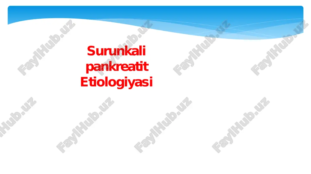 niqlanadi, qolgan holatlarda kasallik noma’lum etiologiyali deb ataladi. etiologiya (davomi) • surunkali pankreatitda asosiy patogenetik mexanizm bo‘lib, o‘z fermentlar (tripsinogen, xemotripsinogen, proelastaza, fosfolipaza a) faolligining oshishi natijasida bez to'qimasining zararlanishi (slush, koagulyatsion nekroz, bez to‘qimasining fibrozi) hisoblanadi. • atsinar hujayralaming o‘limi va me’da osti bezi sekretor yol lining obstruksiyasi natijasida 12 b.i. pankreatik fermentlar ajralishi susayadi. natijada, me’da osti bezining tashqi sekretor yetishmovchiligi kelib chiqadi. • langerxans orolchasining zararlanishi natijasida uning endokrin fao- liyati buziladi: glyukagon yetishmasligi (gipoglikemik sindrom) va insulin yetishmasligi (qandli diabet) kelib chiqadi. patogenez. • surunkali kalsifikatsiyalangan pankreatit — kasallikning ko‘p uchraydigan shakli bo‘lib, ko‘proq alkogol etiologiyali bo‘ladi. me’da osti bezi- ning notekis zararlanishi va kalsifikatsiyasi, bez yollarida toshlar hosil bolishi va stenozlanishi, atrofik jarayonlar rivojlanishi bilan tavsiflanadi. • surunkali obstruktiv pankreatit — me'da osti bezining asosiy naychasi (yoli)ning o‘sma, striktura, papillyar stenozi hisobiga obstruksiyasi natijasida kuzatiladi. bez obstruksiyasi sohasidagi epiteliy o‘zgarmagan, bez yo'llarida tosh va kalsifikatlar …