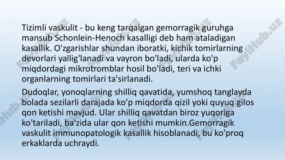 g toksik shikastlanishidir. bundan tashqari, sabab bu zararli ta'sirga tomirlarning giperergik reaktsiyasi. kapillyarotoksikoz tez-tez uchraydigan hollarda sil infektsiyasi bilan sodir bo'ladi. klinik ko'rinishlar sarum kasalligi va schonlein-genoch kasalligida o'xshash: bo'g'imlarning ishtiroki, teri toshmasi, yuqori tana harorati va boshqalar. tizimli vaskulit ning belgilari bolalarda: bolalarda gemorragik vaskulitning asosiy sindromlari mavjud: artikulyar teriga xos buyrak qorin bo'shlig'i malign fulminant ular bolada turli darajada va turli kombinatsiyalarda ifodalanishi mumkin. ko'rib chiqilayotgan kasallik jarayonida tananing har qanday sohasining tomirlari, hatto miya va o'pka ham "tortib olinishi" mumkin. bolalarda ko'pincha teri sindromi o'zini namoyon qiladi. u quyidagicha namoyon bo'ladi: qo'llar, oyoqlar, dumbalarda, ba'zan esa torsoda papulyar-gemorragik toshma paydo bo'ladi, ba'zida ürtiker elementlarga ega. toshma nosimmetrik emas. og'ir holatlarda, shuningdek, bolada, toshma markaziy nekroz bilan birlashtiriladi, toshmalar qobiq bilan qoplanadi. toshma o'tgandan keyin tananing bu joylarida pigmentatsiya qoladi. tizimli vaskulit kasalligi bilan teri bilan birga artikulyar sindrom paydo bo'ladi. yoki, teri birinchi bo'lib paydo bo'ladi, keyin …