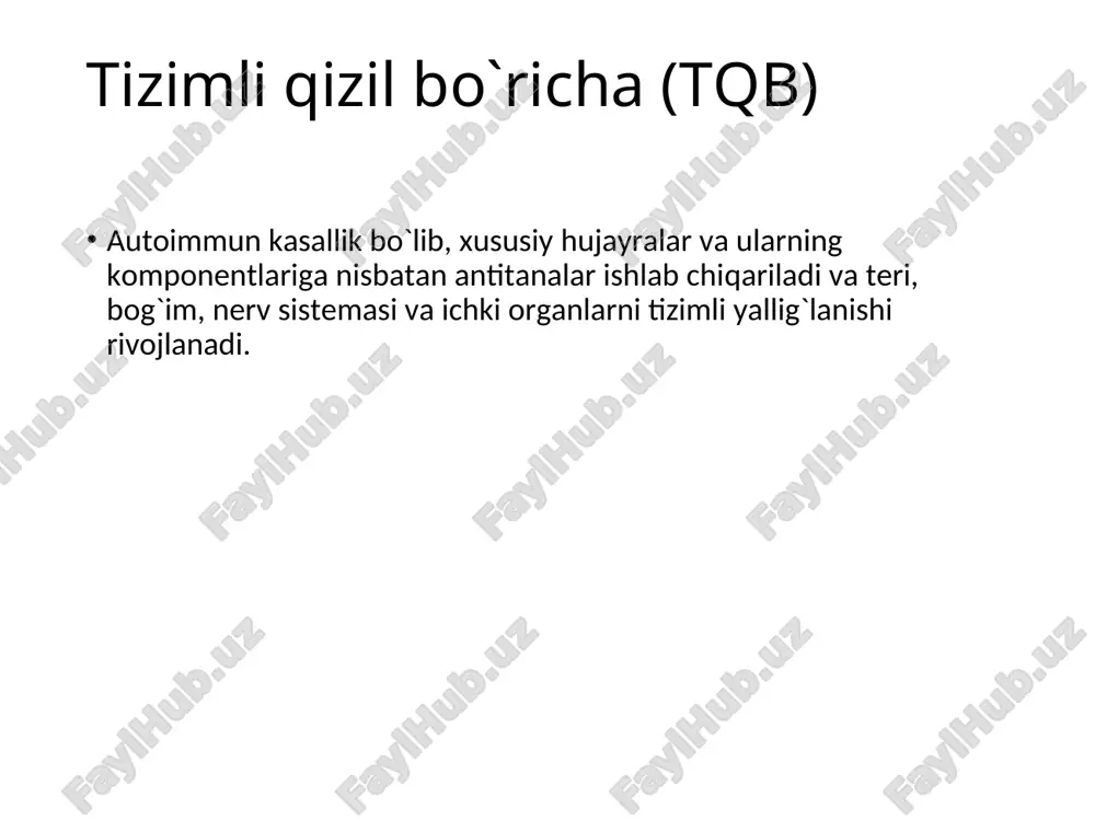 elgisi. tayanch-harakat tizimining zararlanishi – artralgiyalar – artritlar 90-100% bemorlarda mialgiyalar – 35-45% bemorlarda yurak zararlanishi – perikardit miokardit libman – saks endokarditi pankardit o`pkalar zararlanishi 50-80% - quruq va ekssudativ plevrit lyupus pnevmonit oshqozon-ichak yo`llari zararlanishi – 50% hollarda buyraklar zararlanishi nefrit minimal peshob sindromi bilan nefrit nefrotik sindrom bilan faol lyupus-nefrit ifodalangan peshob sindromi bilan 1/3 bemorlarda asab tizimi zararlanishi periferik va bosh miyadan chiquvchi nervlar – 1/3 bemorlarda xoreya tirishish sindromi ruxiy buzilishlar organik miya simptomlari tizimli qizil bo`richa tashxisiy mezonlar: 1. yanoq soxasidagi toshmalar. yanoq yoyida joylashgan, burun-yonoq burmasiga tarqalish tendensiyasiga ega. yassi yoki bo`rtib turuvchi eritema. 2. diskoid toshmalar. teri buzilishlariga ega bo`rtib turuvchi eritramatoz toshmalar. eski o`choklarda esa atrofik chandiqlar uchraydi. 3. fotosensibilizasiya. anamnezida yoki vrach kuzatuvida kuyosh nurlanishiga noodatiy reaksiya natijasida terida toshmalar paydo buladi. 4. og`iz bo`shlig’i yaralari. burun-xalqum yoki og`iz bo`shlig`ida vrach tomonidan aniqlanadigan ko`pincha og`riqsiz yaralar. 5. artrit. ikki yoki …
