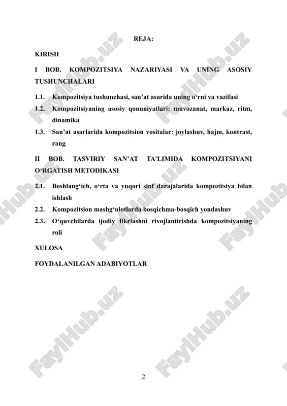 rxiya kabi qonuniyatlar shunchaki atamalar ro‘yxati sifatida taqdim etilib, ularning mazmunni ochishdagi funksional o‘rni yoritilmay qoladi. baholash ko‘pincha yakuniy mahsulotga qaratilib, eskizlar mantig‘i, qarorlar asoslanishi, refleksiya va takomillashtirish sikli e’tibordan chetda qoladi. raqamli vositalar — masalan, planshet grafikasi, vektor va raster muharrirlari, animatsiya va taqdimot dasturlari — o‘quv jarayoniga kirib kelgani sayin, o‘qituvchi oldida yangi vazifa paydo bo‘ladi: an’anaviy tasviriy madaniyatni saqlagan holda, kompozitsiyani multimodal ifodaning o‘qi sifatida qayta loyihalash. shu bilan birga, inklyuziv ta’lim sharoitida turli qobiliyat va ehtiyojlarga ega o‘quvchilar bilan ishlash, topshiriqlarni moslashtirish va differensiallash mexanizmlarini joriy etish zaruriyati ham kuchaymoqda. mazkur bitiruv ishining maqsadi tasviriy san’at fanini o‘qitishda kompozitsiyaning didaktik, tarbiyaviy va estetik ahamiyatini nazariy hamda amaliy jihatdan asoslash, turli yosh bosqichlari uchun bosqichma-bosqich o‘qitish metodikasini ishlab chiqish, ijodiy topshiriqlar bankini yaratish, baholash mezonlarini aniqlash va dars ssenariylarini tajriba-sinov orqali tekshirishdan iborat. maqsadga erishish yo‘lida kompozitsiya qonuniyatlari didaktik birlik sifatida tahlil qilinadi, boshlang‘ichdan yuqori sinfgacha bo‘lgan …