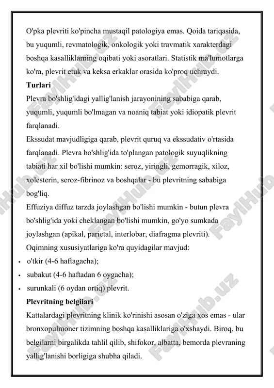 bog'liq. effuziya diffuz tarzda joylashgan bo'lishi mumkin - butun plevra bo'shlig'ida yoki cheklangan bo'lishi mumkin, go'yo sumkada joylashgan (apikal, parietal, interlobar, diafragma plevriti). oqimning xususiyatlariga ko'ra quyidagilar mavjud: · o'tkir (4-6 haftagacha); · subakut (4-6 haftadan 6 oygacha); · surunkali (6 oydan ortiq) plevrit. plevritning belgilari kattalardagi plevritning klinik ko'rinishi asosan o'ziga xos emas - ular bronxopulmoner tizimning boshqa kasalliklariga o'xshaydi. biroq, bu belgilarni birgalikda tahlil qilib, shifokor, albatta, bemorda plevraning yallig'lanishi borligiga shubha qiladi. quruq plevritning asosiy belgilari: · ko'krak qafasining old va yon qismlarida bo'yin va yelkaga tarqaladigan, chuqur nafas olish, yo'talish, kulish va tanani sog'lom tomonga egish bilan kuchayadigan o'tkir, pichoqli og'riq (shuning uchun bemor majburiy pozitsiyani egallashga va cheklashga majbur bo'ladi. nafas olish jarayoni). ular plevraning yallig'langan qatlamlarining ishqalanishi natijasida paydo bo'ladi. · plevraning tirnash xususiyati tufayli yuzaga kelgan quruq va qisqa yo'tal. · tana haroratining ko'tarilishi, titroq. · noqulaylik, ishtahaning pasayishi, bosh og'rig'i, zaiflik. auskultatsiyada …