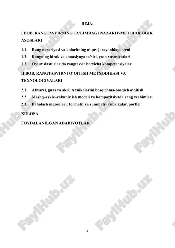 asoslarini aniqlash, o‘quvchilar yosh xususiyatlari va psixologik idrok mexanizmlarini hisobga olgan holda samarali metodik tizimni ishlab chiqish hamda amaliy darslar orqali bu tizimning natijadorligini sinab ko‘rishdan iborat ekani yoritiladi. tadqiqotning obyekti tasviriy san’at ta’limi bo‘lsa, predmeti rang va koloritni o‘rgatish jarayonida qo‘llaniladigan metodlar, texnikalar va baholash mezonlaridir. ishning gipotezasi shundan iboratki, agar rangtasvir darslari mazmuni rang nazariyasi, kompozitsion yechimlar va bosqichma-bosqich ijodiy mashqlar asosida, formatif va summativ baholash vositalari bilan uyg‘unlashtirib tashkil etilsa, o‘quvchilarning estetik idroki, ifodaviy malakasi va mustaqil ijodiy faoliyati sezilarli darajada rivojlanadi. tadqiqot metodlari sifatida pedagogik kuzatuv, diagnostika, portfel tahlili, rubrikalar asosida baholash, eksperimental darslar sikli va natijalarni sifat hamda miqdoriy tahlil qilish usullari qo‘llanadi. ilmiy yangilik rangtasvirni bosqichma-bosqich o‘qitish modelini (mashq–eskiz–yakuniy ish) raqamli vositalar va refleksiv tahlil bilan birlashtirgan, baholash mezonlarini aniq ko‘rsatkichlar asosida takomillashtirgan metodik yechimda namoyon bo‘ladi. amaliy ahamiyat shundan iboratki, ishlab chiqilgan dars ishlanmalari, baholash rubrikalari va vizual materiallar to‘plami o‘qituvchilarga bevosita amaliyotda …