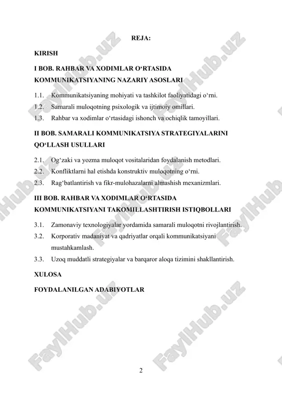 n yetakchilik faqat nazorat va baholash funksiyalari bilan cheklanmaydi; u muloqotni boshlash, tinglash va muhokama qilish madaniyatini joriy eta olishi, ziddiyatlarda konstruktiv yondashuvni taklif qilishi, fikrlar xilma-xilligini qadrlashi lozim. xodim esa o‘z navbatida maqsad va vazifalarni ravshan so‘ray olishi, ish jarayonida to‘siqlarni vaqtida bildirishi, realistik takliflar bera olishi kerak. shunday muvozanatli kommunikatsiya strategiyalari jamoada umumiy maqsadlar sari uyg‘un harakatni kuchaytiradi, turli bo‘limlar o‘rtasidagi hamkorlikni yaxshilaydi va natijada mijozga yetkaziladigan qiymatni oshiradi. ushbu ishning maqsadi rahbar va xodimlar o‘rtasida samarali kommunikatsiya strategiyalarini tizimli tahlil qilish, ularning amaliy qo‘llanilish mexanizmlarini ko‘rsatish hamda tashkilot sharoitiga mos tavsiyalar ishlab chiqishdan iborat. shu yo‘nalishda og‘zaki va yozma muloqotning afzallik va cheklovlari, tinglash ko‘nikmalari, savol berish texnikalari, konstruktiv fikr-mulohaza berish va qabul qilish, nizolarni muloqot orqali hal etish, motivatsiyani kommunikatsiya vositalari bilan qo‘llab-quvvatlash kabi masalalar yoritiladi. raqamli vositalar — korporativ messenjerlar, loyiha boshqaruvi platformalari va videomuloqot — imkoniyatlari hamda ularning etik me’yorlari, ma’lumotlar shaffofligi va ish …