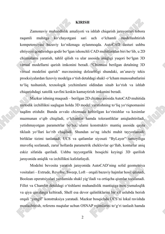 va ortiqcha qismlar tozalanadi. fillet va chamfer detaldagi o‘tishlarni muhandislik mantiqiga mos yumaloqlik va qiya qirralarga keltiradi, shell esa devor qalinliklarini bir xil uslubda berish orqali “yengil” konstruksiya yaratadi. mazkur bosqichda ucs’ni lokal ravishda moslashtirish, referens nuqtalar uchun osnap rejimlarini to‘g‘ri tanlash hamda dynamic input orqali sonli parametrlarni kursor yonida kiritish ish tezligini oshiradi va geometriya sifatini barqaror ushlab turadi. zarurat bo‘lsa, model sirtlari bo‘yicha tahliliy kesimlar olinadi, murakkab profillar silliqlashtiriladi va konstruktsiya texnologik talablarga moslashtiriladi. yakuniy bosqichda model sifatini tekshirish hamda uni rasmiylashtirish ishlari bajariladi. massahajm xususiyatlari (massprops) hisoblanadi, o‘lchamlar va konstruktorlik talablari bilan muvofiqligi verifikatsiya qilinadi, material va vizual ko‘rinishlar tayinlanib, ko‘rish uslublari hamda yoritish sharoitlari ostida natija vizual baholanadi. 3d modeldan avtomatlashtirilgan tarzda 2d ko‘rinishlar va kesimlar chiqarilib, annotate vositalari orqali o‘lcham va belgilashlar eskd/iso talablariga muvofiq rasmiylashtiriladi. model–layout mehnat taqsimoti, page setup va ctb/stb plot uslublari yordamida sahifalash jarayoni standartlashtiriladi; zarurat tug‘ilganda fayl bog‘liqliklari bilan birga …