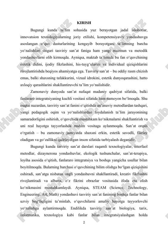 antirish va uni real hayotga tayyorlashda muhim vositaga aylanmoqda. san’at orqali o‘rgatish – bu zamonaviy jamiyatda shaxsni erkin, estetik savodli, fikrlay oladigan va go‘zallikni qadrlaydigan inson sifatida tarbiyalash deganidir. bugungi kunda tasviriy san’at darslari raqamli texnologiyalar, interfaol metodlar, dizaynerona yondashuvlar, ekologik tushunchalar, san’at-terapiya, loyiha asosida o‘qitish, fanlararo integratsiya va boshqa yangicha usullar bilan boyitilmoqda. bularning barchasi o‘quvchining bilim olishga bo‘lgan qiziqishini oshiradi, san’atga nisbatan ongli yondashuvni shakllantiradi, kreativ fikrlashni rivojlantiradi va albatta, o‘z fikrini obrazlar vositasida ifoda eta olish ko‘nikmasini mustahkamlaydi. ayniqsa, steam (science, technology, engineering, art, math) yondashuvi tasviriy san’at fanining boshqa fanlar bilan uzviy bog‘liqligini ta’minlab, o‘quvchilarni amaliy hayotga tayyorlovchi yo‘nalishga aylantirmoqda. endilikda tasviriy san’at biologiya, tarix, informatika, texnologiya kabi fanlar bilan integratsiyalashgan holda o‘qitilmoqda, bu esa o‘quvchi bilimining chuqurligini oshiribgina qolmay, uni real hayotga moslashtiradi. tasviriy san’at darslarida yangi uslublardan foydalanish – bu faqat rasm chizish texnikasi emas, balki keng miqyosda san’atni tushunish, estetik hodisalarni tahlil qilish, …