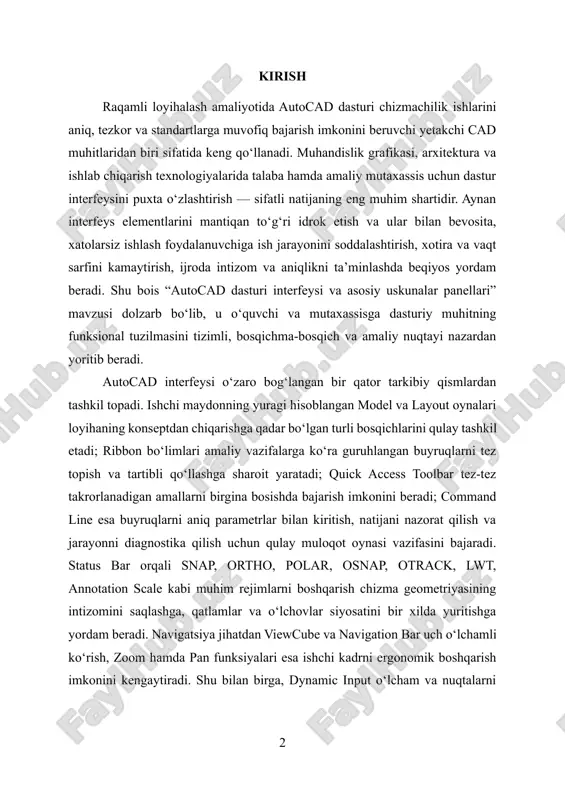 adi; command line esa buyruqlarni aniq parametrlar bilan kiritish, natijani nazorat qilish va jarayonni diagnostika qilish uchun qulay muloqot oynasi vazifasini bajaradi. status bar orqali snap, ortho, polar, osnap, otrack, lwt, annotation scale kabi muhim rejimlarni boshqarish chizma geometriyasining intizomini saqlashga, qatlamlar va o‘lchovlar siyosatini bir xilda yuritishga yordam beradi. navigatsiya jihatdan viewcube va navigation bar uch o‘lchamli ko‘rish, zoom hamda pan funksiyalari esa ishchi kadrni ergonomik boshqarish imkonini kengaytiradi. shu bilan birga, dynamic input o‘lcham va nuqtalarni ko‘rgazmali kiritish, kursor yonida parametrlarni nazorat qilish orqali buyruqlar ketma-ketligini jadallashtiradi. asosiy uskunalar panellari ichida draw va modify bloklari chizma yaratish va tahrirlashning tayanch poydevorini tashkil etadi. chiziq, doira, yoy, poliliniya, spline, to‘rtburchak kabi elementlarni chizish vositalari konstruksiyaning geometriyasini aniqlashga xizmat qilsa, ko‘chirish, nusxalash, aylantirish, masshtablash, kesish, birlashtirish, ofset va fillet kabi tahrirlash buyruqlari geometriyani tozalash, optimallashtirish va ishlab chiqarish talablariga moslashtirishga yo‘naltiriladi. annotate va dimension bo‘limlari orqali o‘lchamlash, belgilash, matn va …
