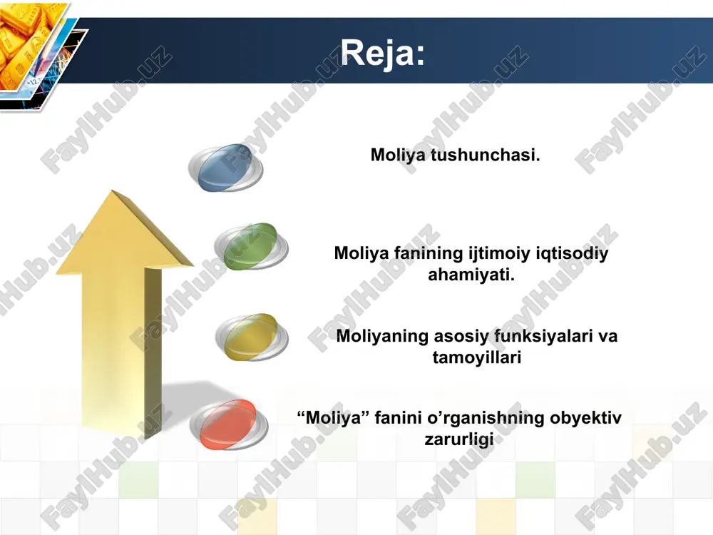 rni himoya qilish kabi shaxsiy moliyaviy faoliyatni rejalashtirish va boshqarish jarayoni. korporativ moliya, ko'pincha uzoq va qisqa muddatli moliyaviy rejalashtirish va turli strategiyalarni amalga oshirish orqali korxonani kapital qiymatini ko'paytirishga qaratiladi. korporativ moliya - bu korxonalarning mablag'lari aylanishi jarayonida kapitalni, daromadlarni, mablag'larni shakllantirish va ulardan foydalanish bilan bog'liq va turli xil pul oqimlari ko'rinishida ifodalangan pul munosabatlarining keng doirasini qamrab oladigan moliya tizimining mustaqil sohasidir. davlat moliyasi taqsimlash - milliy daromadning taqsimlanishi nazorat: yaimning tegishli tartibda taqsimlanishi va taqsimlangan mablag’larni maqsadga muvofiq sarflanishi ustidan nazoratni amlaga oshirish iqtisodiyotning barqarorligini ta’minlash: qamrovi funksiyalari davlat moliyasi - davlat ixtiyorida pul jamgʻarmalarining tashkil etilishi, taqsimlanishi va sarflanishi sohasidagi moliyaviy munosabatlar. davlat daromadlari: hukumat daromadlari. soliq daromadlari yoki soliqsiz daromadlar bo'lishi mumkin davlat xarajatlari: davlat xarajatlari. sog'liqni saqlash, ta'lim uchun davlat organlari tomonidan yuborilgan pullar davlar qarzi: davlat xarajatlari davlat daromadlaridan oshganda yuzaga keladi moliyaviy boshqaruv: davlat budjetini tayyorlash, qabul qilish va ijro etish …