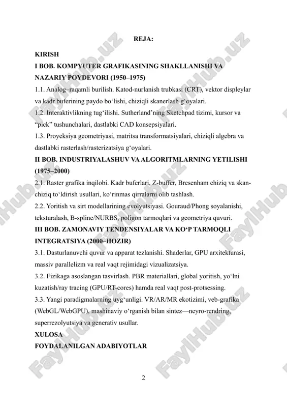 matografiya va o‘yin sanoati uchun fundamental infratuzilmaga aylandi. kompyuter grafikasining rivojlanish tarixini bosqichma-bosqich tahlil qilish nafaqat texnik yutuqlar ketma-ketligini, balki g‘oyalar, algoritmlar va apparat arxitekturalarining qanday o‘zaro ta’sirda bo‘lganini ham ochib beradi. xx asrning 1950–1960-yillarida analogdan raqamli paradigmaga o‘tish, vektor displeylar va dastlabki interaktiv tizimlarning paydo bo‘lishi muhim burilish nuqtasi bo‘ldi. sketchpad kabi tizimlar foydalanuvchi interfeysi, ko‘rsatkichlar bilan tanlash, cheklovlarga asoslangan chizish kabi konseptlarni amaliyotga kiritdi va bugungi cad muhitining poydevorini yaratdi. 1970–1990-yillarda raster grafika, kadr buferlari, ko‘rinmas qirralarni olib tashlash, skan-chiziq to‘ldirish, z-buffer va soyalash algoritmlarining yetilishi, shuningdek b-spline va nurbs kabi sirt modellarining ishlab chiqilishi vizual sifatni keskin oshirdi. shu bilan birga opengl, renderman va direct3d kabi standartlar ishlab chiquvchilar hamjamiyati uchun umumiy til vazifasini bajardi, grafik ish stansiyalari esa ilmiy va sanoat loyihalarida yuqori aniqlikdagi tasvirlar yaratishni ommalashtirdi. 2000-yillardan boshlab dasturlanuvchi grafik quvuri va gpularning massiv parallel arxitekturasi algoritmlarni “temir”ga yaqin darajada moslashtirish imkonini berdi. shaders, real …