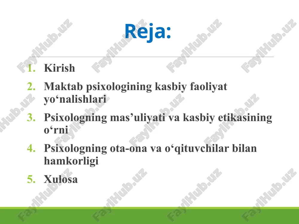 olishga qaratilgan treninglar va tadbirlarni tashkil qiladi. shuningdek, kasbiy faoliyatning yana bir yo‘nalishi ilmiy-analitik ishlar bo‘lib, bunda psixolog psixodiagnostik natijalarni umumlashtiradi va maktab rahbariyatiga takliflar beradi. psixologning mas’uliyati va kasbiy etikasining o‘rni maktab psixologining mas’uliyati, avvalo, bolalarning shaxsiy manfaatlarini himoya qilish va ularning ruhiy salomatligini saqlash bilan bog‘liqdir. psixolog har qanday vaziyatda maxfiylikni ta’minlashi, bolaning sirini oshkor qilmasligi kerak. shu bilan birga, u o‘z faoliyatida ob’ektiv, xolis bo‘lishi va shaxsiy qarashlarini professional vazifalardan ajratishi lozim. kasbiy etikaning asosiy talablari — hurmat, adolat, ishonchlilik va samimiylikdir. psixolog ota-onalar, o‘qituvchilar hamda o‘quvchilar bilan muloqot jarayonida mehribon, sabrli va mas’uliyatli bo‘lishi zarur. chunki noto‘g‘ri yondashuv bolaning ruhiy dunyosiga salbiy ta’sir ko‘rsatishi mumkin. shu sababli maktab psixologi o‘z kasbiy malakasini muntazam oshirib borishi, yangi psixologik usullarni o‘rganishi ham uning mas’uliyatiga kiradi. mas’uliyatli yondashuv nafaqat individual bolaning, balki butun ta’lim muassasasining ijtimoiy-psixologik muhitiga ijobiy ta’sir ko‘rsatadi. psixologning ota-ona va o‘qituvchilar bilan hamkorligi maktab psixologi faoliyatining …