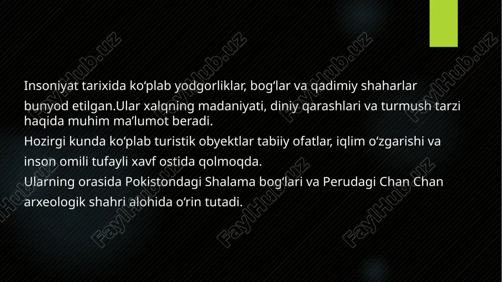 , ibodatxonalar va savdo rastalari bilan mashhur bo‘lib, ming yillardan ortiq vaqt davomida mintaqaning ijtimoiy-iqtisodiy hayotida muhim rol o‘ynagan. arxeologik hudud hozirda kuchli shamol, yomg‘ir, suv eroziyasi va inson faoliyati sababli jiddiy xavf ostida qolmoqda. ayrim devorlar yemirilgan, ayrim joylarda esa arxeologik izlar butunlay yo‘qolib bormoqda. shalama bog‘lari va chan-chan arxeologik hududi insoniyat tarixining muhim guvohlari hisoblanadi. ularni saqlash va kelajak avlodlarga yetkazish uchun xalqaro hamjamiyat, hukumatlar va mahalliy aholining birgalikdagi sa’y-harakatlari talab etiladi. e’tiboriz uchun raxmat! image6.jpeg image7.png image8.png image9.png image10.jpeg image11.jpeg image12.jpeg image2.png image3.png image4.png image5.png /docprops/thumbnail.jpeg