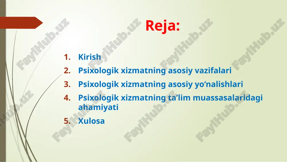 baholanish yoki o‘ziga ishonchsizlikning oldini olish uchun treninglar o‘tkaziladi. shu bilan birga, psixologik xizmatning vazifalari qatoriga ijtimoiy-psixologik muhitni yaxshilash, sog‘lom kommunikatsiya madaniyatini shakllantirish va shaxsning o‘z imkoniyatlarini ro‘yobga chiqarishga ko‘maklashish ham kiradi. psixologik xizmatning asosiy yo‘nalishlari psixologik xizmat bir necha asosiy yo‘nalishlar orqali amalga oshiriladi. birinchisi — diagnostika yo‘nalishi, bunda shaxsning ruhiy xususiyatlari, qiziqishlari, ehtiyojlari va muammolari psixologik testlar, so‘rovnomalar, suhbatlar yordamida aniqlanadi. ikkinchi yo‘nalish — korreksion faoliyat bo‘lib, psixolog turli mashg‘ulotlar orqali o‘quvchi yoki xodimdagi salbiy hissiy holatlarni tuzatishga, o‘ziga ishonchni shakllantirishga yordam beradi. uchinchisi — rivojlantiruvchi yo‘nalish, u shaxsning ijodiy salohiyatini ochish, tafakkurini kengaytirish va ijtimoiy ko‘nikmalarini mustahkamlashga qaratilgan. to‘rtinchisi — profilaktika yo‘nalishi, bunda stress, konflikt, zo‘ravonlik yoki ruhiy tushkunlik kabi muammolarning oldini olish ishlari olib boriladi. nihoyat, beshinchi yo‘nalish — maslahat berish faoliyati, ya’ni psixolog ota-onalar, pedagoglar yoki jamoa a’zolariga muammolarni hal qilishda amaliy tavsiyalar beradi. ushbu yo‘nalishlarning barchasi insonning ruhiy va ijtimoiy salomatligini yaxshilashga xizmat qiladi. …