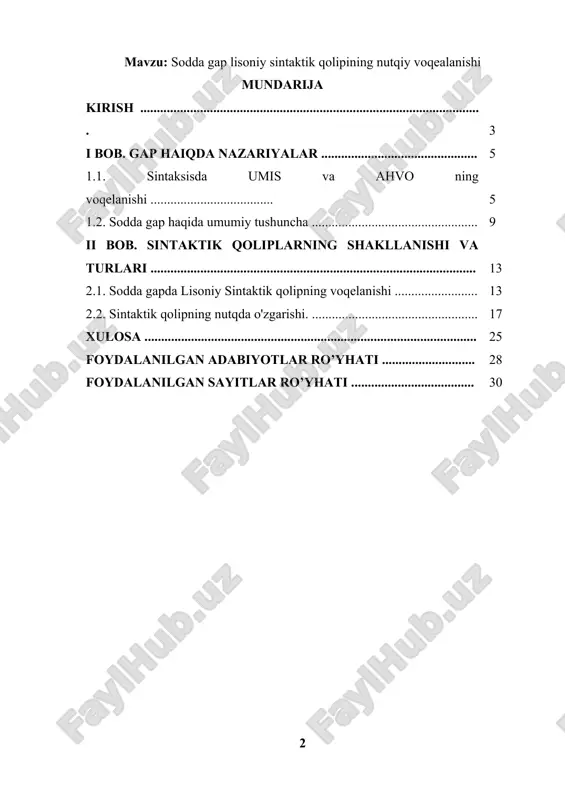 aktik qolipi va uning nutqdagi voqelanishi, shuningdek, qoliplarning turli nutqiy vaziyatlarda qanday o‘zgarishi hozirgi lingvistikada tadqiq qilinayotgan dolzarb muammolardan biridir. kurs ishi ahamiyati. mazkur kurs ishi sodda gapning sintaktik qolip orqali tahlil qilinishi, bu qoliplarning nutq jarayonida qanday namoyon bo‘lishini ko‘rsatib berish bilan tilshunoslikka amaliy va nazariy jihatdan hissa qo‘shadi. ayniqsa, o‘zbek tilidagi gap tuzilishining tipologik jihatlarini, gapdagi komponentlararo munosabatni, ularning joylashish tartibini aniqlashda bu mavzu o‘ziga xos ahamiyatga ega. kurs ishining nazariy ahamiyati shundaki, u lisoniy birliklarni sistemali va izchil o‘rganishga xizmat qiladi. amaliy jihatdan esa, sodda gaplarning turlari, qoliplar orqali tahlil qilinishi til o‘rganish jarayonida, o‘quvchilar va talabalarning nutq madaniyatini shakllantirishda, adabiy til me’yorlarini anglashda katta yordam beradi. bu mavzuni o‘rganish natijalari umumta’lim maktablari, litsey va kollej o‘quv dasturlarida, shuningdek, oliy ta’lim muassasalarida dars jarayonlarida qo‘llanilishi mumkin. mazkur kurs ishining predmeti – sodda gaplarning lisoniy sintaktik qoliplari va ularning real nutqdagi voqelanish shakllaridir. predmet doirasida gap tuzilmasi, uning …