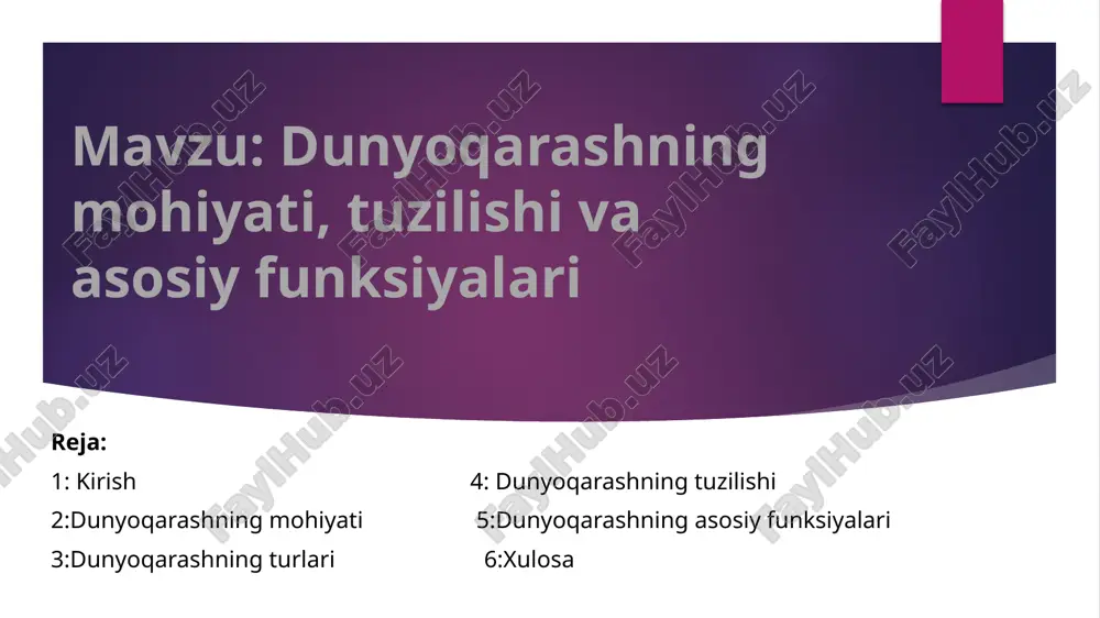 ardan iborat: dunyoqarashning tuzilishi a) bilimlar tizimi insonning dunyo haqidagi umumiy tushunchalari va nazariy qarashlari. bu bilimlar hayotiy, diniy, ilmiy yoki falsafiy manbalarga asoslangan bo‘lishi mumkin. b) e’tiqod ishonch, qat’iy ishonishdan kelib chiqadigan ruhiy-psixologik holat. e’tiqod odamning maqsadlariga intilishida kuchli motivator bo‘lib xizmat qiladi. dunyoqarashning tuzilishi c) qarashlar insonning o‘ziga xos subyektiv baholari, shaxsiy munosabati. qarashlar orqali inson jamiyatda o‘z pozitsiyasini ifodalaydi. d) ideallar shaxsning orzu-umidlari, kelajakdagi mukammallikka intilishi. ideallar — bu maqsadlarni belgilovchi ma’naviy yo‘l-yo‘riqdir. e) qadriyatlar haqiqat, erkinlik, adolat, tinchlik kabi insoniyat tomonidan e’tirof etilgan muhim tushunchalar. qadriyatlar inson axloqiy mezonlarini shakllantiradi. asosiy qism 4. dunyoqarashning asosiy funksiyalari dunyoqarashning asosiy funksiyalari a) bilish funksiyasi dunyoqarash insonga dunyoni anglash, borliqni tushunishga yordam beradi. bilimlar orqali inson o‘zining o‘rnini aniqlaydi. b) baholash funksiyasi inson har qanday hodisa yoki holatga nisbatan baho beradi. bu baholar dunyoqarashga asoslanadi. dunyoqarashning asosiy funksiyalari c) yo‘naltiruvchi funksiyasi shaxsning harakatlari, maqsadlari va hayot yo‘nalishini belgilovchi asos. …