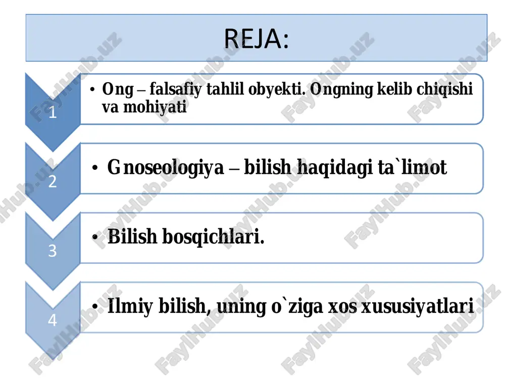 lari ong shakllariga fikr, shubha, ishoncha, e’tiqot, bilim kiradi. shubha biron bir narsa haqidagi fikrning chinligiga ishonmaslik, biron – bir masala yuzasidan fikrning yo’qligi, gumonsirash. ishonch – bir bir fikrni chin deb bilish, ishonish. e’tiqod – qat’iy ishonchga asoslangan dunyoqarash. bilim – olamdagi narsa va hodisalar haqidagi ma’lumotlar, axborotlar majmui. bilim bilan jarayoni mahsuli, olamning inson ongida aks etish jarayoni. bilish – olamni, undash narsa, hodisa, jarayonlarni anglash, tushinish. ongning funksiyalari tushunish, tushuntirish ijodiy olamni anglash voqelikni o’zlashtirish, insonning ijodiy qobilyatlarida namoyon bo’ladi o`z-o`zini anglash yangi narsalar (moddiy va ma’naviy) ni yaratishda namoyon bo’ladi ijtimoiy ong – jamiyat hayotini, kishilararo aloqa va munosabatlarni o’zida aks ettiradigan xilma – xil ijtimoiy qarashlar, tasavvurlar, g’oyalar, nazariyalar, ta’limotlar majmui. ijtimoiy ong sohallari: a) kundalik ong b) nazariy ong ijtimoiy ong darajalari a) ijtimoiy ruhiyat b) ijtimoiy mafkura ijtimoiy ong shakllari. 1. axloqiy ong (axloq) 2. diniy ong (din) 3. estetik ong va san’at …