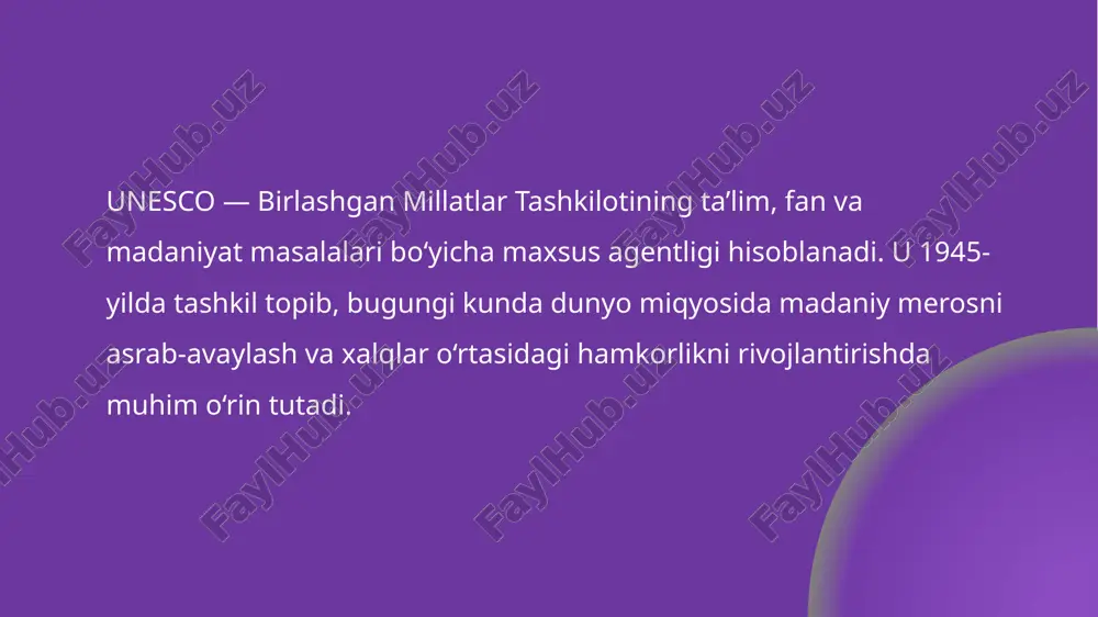 stonda samarqand, buxoro, xiva va shahrisabz shaharlari unesco ro‘yxatiga kiritilgan. ushbu shaharlarga tashrif buyuruvchi sayyohlar soni yildan-yilga ortib bormoqda. bu esa mamlakatimiz turizmining barqaror rivojlanishiga sabab bo‘lmoqda. unesco turizmning eng muhim tayanchi sifatida dunyo xalqlarini birlashtiradi. uning faoliyati orqali meroslar asrab qolinmoqda, sayyohlik rivojlanmoqda va xalqlar o‘rtasidagi do‘stlik aloqalari mustahkamlanmoqda. e’tiboriz uchun raxmat! image2.jpeg image3.jpeg image4.jpeg image5.jpeg /docprops/thumbnail.jpeg