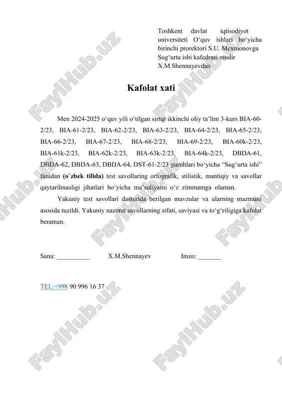 ning professional bo‘lmagan ishtirokchilari ==== sug‘urtalovchi va tijorat banklari ==== adjaster va anderrayter +++++ quyidagilardan qaysi biri davlat majburiy sug‘urtasi bo‘yicha sug‘urta qilinadi? ==== #harbiy xizmatchilar va ularga tenglashtirilgan shaxslar ==== tibbiyot xodimlari ==== barcha fuqarolar ==== maktab o‘quvchilari +++++ sug‘urta amaliyotida risklarni boshqarish bosqichlari qaysi qatorda to‘g‘ri ko‘rsatilgan? ==== #risklarni aniqlash, baholash, nazorat qilish va moliyalashtirish ==== tahlil qilish va nazorat qilish ==== baholash va nazorat qilish ==== tahlil qilish, baholash va nazorat qilish +++++ sug‘urta mukofoti nima? ==== #sug‘urta shartnomasida belgilangan tartibda va muddatlarda sug‘urta qildiruvchi tomonidan sug‘urtalovchiga to‘lanadigan sug‘urta xizmati haqi ==== sug‘urtalovchi tomonidan sug‘urta shartnomasida belgilangan tartibda va muddatlarda sug‘urta qildiruvchiga to‘lanadigan sug‘urta xizmat haqi ==== sug‘urta hodisasi yuz berganda sug‘urtalovchi to‘lashi shart bo‘lgan pul mablag‘lari ==== sug‘urta javobgarligi hajmi +++++ sug‘urta qoplamasi nima? ==== #sug‘urta shartnomasida nazarda tutilgan sug‘urta hodisasi yuz berganda sug‘urta qildiruvchiga, sug‘urtalangan shaxsga (naf oluvchiga), har bir sug‘urtalangan shaxs uchun sug‘urta summasi …