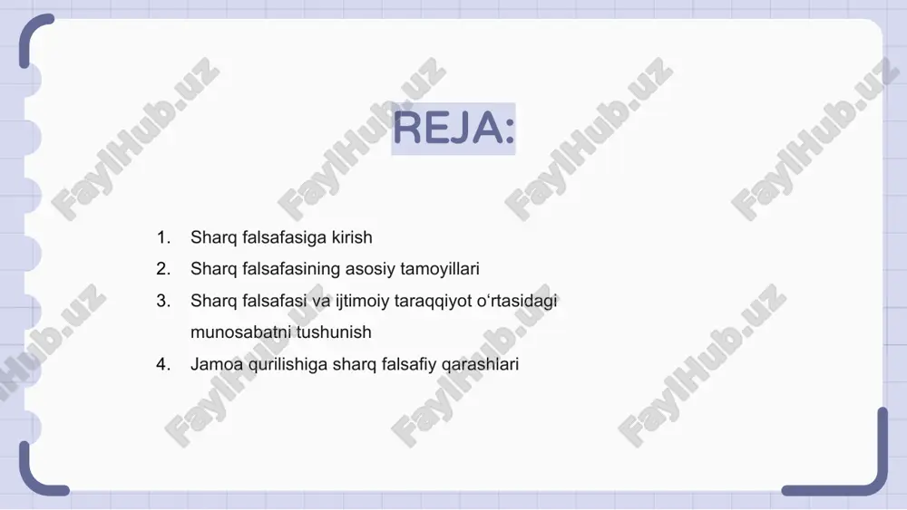 rni taqdim etadi. u o'zaro bog'liqlik, muvozanat va rahm-shafqatni asosiy qadriyatlar sifatida ta'kidlaydi. buddizm, daosizm, konfutsiylik kabi sharq falsafalarini chuqur o‘rganish orqali inson sog‘lom jamiyatni shakllantirishda o‘z-o‘zini anglash, axloqiy axloq va jamiyat farovonligining ahamiyati haqida tushunchaga ega bo‘ladi. sharq falsafiy tamoyillarining ijtimoiy rivojlanish tashabbuslariga integratsiyalashuvi barqaror o‘sishga, axloqiy qarorlar qabul qilishga va jamoa farovonligiga ko‘maklashuvchi taraqqiyotga yanada yaxlit yondashuvni rivojlantirishi mumkin. jamoa qurilishiga sharq falsafiy qarashlari sharq falsafasi uyg'unlik, kamtarlik va o'zaro bog'liqlikni ta'kidlab, jamoalarni o'zaro hurmat va tushunish orqali barqaror o'sishga yo'naltiradi. sharqiy falsafiy nuqtai nazardan jamiyat qurish rahm-shafqat, hamdardlik va birlikka asoslangan bo‘lib, tegishlilik va umumiy maqsadlarni uyg‘otadi. sharq donoligini ijtimoiy taraqqiyotga integratsiyalashgan holda, jamoalar mustahkamlik, hamdardlik va o‘zaro bog‘liqlikni rivojlantirib, jamoaviy farovonlik va barqaror taraqqiyot uchun poydevor yaratishi mumkin. sharq falsafasining shaxs farovonligiga ta'siri sharq falsafasi ichki xotirjamlik, o'z-o'zini aks ettirish va uyg'un hayotga urg'u beradi. bu odamlar o'rtasida aql-idrok, rahm-shafqat va o'zaro bog'liqlikni targ'ib qiladi, jamiyat …