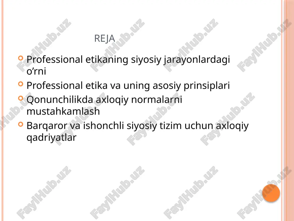 miyatning manfaatlarini ta'minlaydi, odamlar xatti-harakatlariga maqsadli ta'sir ko'rsatadi. barqaror va ishonchli siyosiy tizim uchun axloqiy qadriyatlar image2.png image3.png image4.png image5.png image6.png /docprops/thumbnail.jpeg