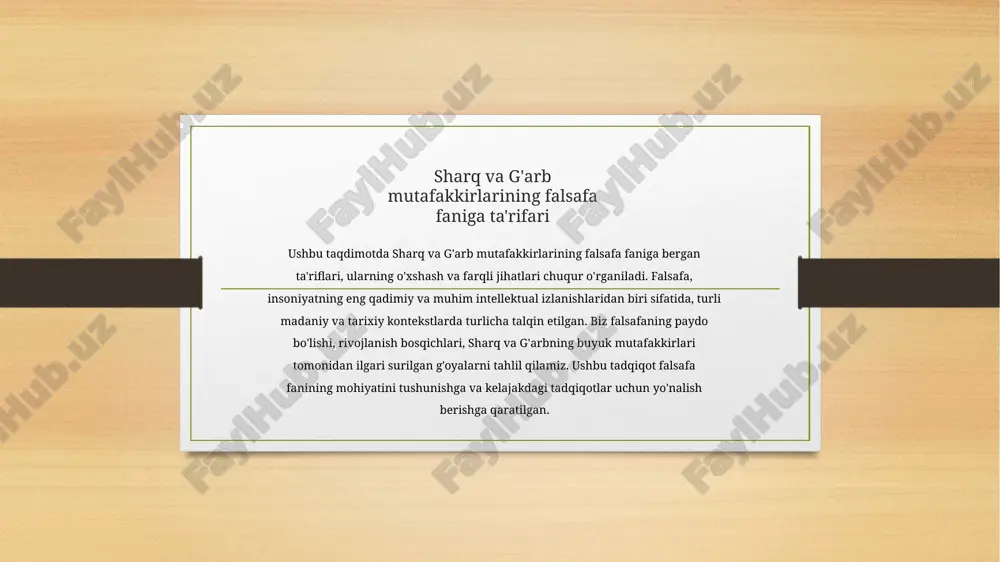 ka oid fundamental asarlar yaratgan. ularning qarashlari keyingi davrlarda yevropa falsafasining rivojlanishiga katta ta'sir ko'rsatgan. ushbu mutafakkirlarning merosi bugungi kunda ham dolzarbligini saqlab qolmoqda sokrat: bilimga intilishning ramzi platon: ideal jamiyat tuzilishi aristotel: mantiq, metafizika, etika o'rta asrlar sharq falsafasi: al- farobiy, ibn sino, beruniyning fikrlari o'rta asrlar sharq falsafasifan va madaniyatning yuksalish davribo'lgan. al-farobiy. bn sino va beruniy kabi olimlar aristotelfalsafasini islom dinibilan uyg'unlashtirib, yangi falsafiy yo'nalishlarni yaratdlar. al-farobiy 'fazilatli shahar" asarida idealdavlat tuzilishini tasvirlagan bo'lsa, ibn sino tibblyot, matematika va falsafaga oid ko'plab asarlar yozgan. beruniy esa astronomiya, geodeziya va minera lgiya sohalarida muhim kashfiyotlar qilgan. ularning merosi jahon ilm-faniga bebaho hissa bo'lib qo'shilgan. ushbu mutafakkirlar nafaqat faylasuf, balki astronom, tabib s va matematik sifatida ham tanilganlar al-farobiy beruniy ibn sino fazilati shahar astronomiya, geodeziya tibbiyot,matematika sharq va g'arb falsafalari o'rtasidagi oxshashlik va farqlar sharq va g'arb falsafalari o'rtasida o'xshashlik va farqlar mavjud. ikkala falsafty yo'nalish ham insonning …