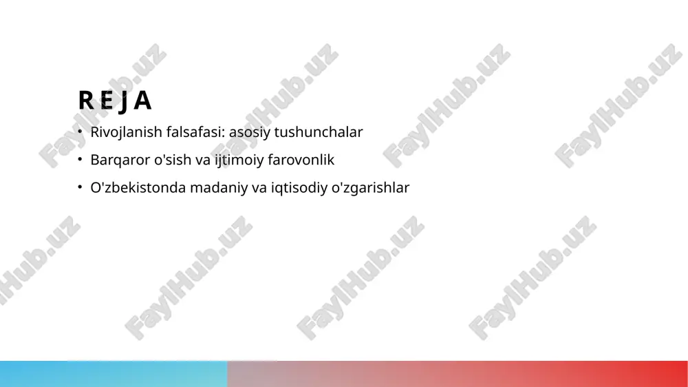 o'ynaydi. barqaror o'sish: ijtimoiy farovonlikning asosiy omillari. 1 ijtimoiy barqarorlik ijtimoiy barqarorlik, jamiyatda tinchlik va muvozanatni ta'minlaydi, bu esa iqtisodiy o'sish va rivojlanishga zamin yaratadi. 2 ta'lim va ko'nikmalar ta'lim va ko'nikmalarni rivojlantirish, ijtimoiy farovonlikni oshirishda hal qiluvchi rol o'ynaydi, shuningdek, ish kuchining raqobatbardoshligini ta'minlaydi. 3 iqtisodiy imkoniyatlar iqtisodiy imkoniyatlar yaratish, ish o'rinlari va barqaror daromad manbalarini ta'minlash orqali aholi farovonligini oshirishga yordam beradi. iqtisodiy o'zgarishlar va ijtimoiy barqarorlik o'rtasidagi bog'lanish. 1 iqtisodiy o'zgarishlar - iqtisodiy o'zgarishlar mamlakatning moliyaviy rivojlanishi va resurslarni samarali boshqarish orqali ijtimoiy barqarorlikka erishishga yordam beradi. 2 ijtimoiy barqarorlik - ijtimoiy barqarorlik, aholi farovonligi va ijtimoiy muvozanatni ta'minlash orqali iqtisodiy o'zgarishlarga ijobiy ta'sir ko'rsatadi, jamiyatni mustahkamlaydi. 3 o'zaro bog'lanish - iqtisodiy o'zgarishlar va ijtimoiy barqarorlik o'rtasidagi bog'lanish, investitsiyalar va ijtimoiy dasturlar orqali ijtimoiy taraqqiyotga xizmat qiladi. o'zbekistonda barqaror rivojlanish uchun strategiyalar va yondashuvlar. 1 barqaror iqtisodiyot o'zbekistonda barqaror iqtisodiyotni ta'minlash uchun ishlab chiqarishni diversifikatsiya qilish va …