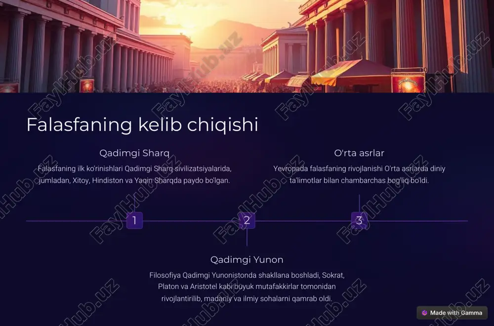 a asoslangan bilimlarni tan olish https://gamma.app/?utm_source=made-with-gamma diqqatni tortuvchi falasfiy yondashuvlar mistik olam va inson mohiyatining ruhiy- ma'naviy tarkibini tadqiq etuvchi ekzistensial inson erkinligi, ma'no izlash va tanlovi masalalariga e'tibor qaratuvchi pozitivistik faqat tajriba va ilmiy faktlarga asoslangan bilimlarni tan oluvchi ilmiy tabiat va jamiyatning rivojlanish qonuniyatlarini o'rganuvchi https://gamma.app/?utm_source=made-with-gamma falasfaning amaliy tomonlari 1 axloq inson xulq-atvori, yashash tarzi va qadriyatlari sohasiga oid 2 siyosat jamiyat, davlat tuzilishi, davlat-fuqaro munosabatlari masalalariga oid 3 estetika go'zallik, san'at, ijodkorlik masalalarini o'rganuvchi https://gamma.app/?utm_source=made-with-gamma falasfaning diniy va ma'naviy jihatlari 1 diniy falasfalar buddizm, xristianlik, islom va boshqa diniy ta'limotlar bilan uzviy bog'liq 2 ma'naviy falasfalar inson ruhiyati, ma'naviy-axloqiy qadriyatlar masalalari bilan shug'ullanadi 3 falsafa-din munosabati diniy g'oyalar, ta'limotlar va falasfiy dunyoqarashlarning o'zaro ta'siri https://gamma.app/?utm_source=made-with-gamma falsafa va zamonaviy hayot ilm-fan falsafa zamonaviy ilm-fan rivojiga nazariy asoslar yaratadi texnologiya texnologiyalar rivojiga falasfiy yondashuvlar ijobiy ta'sir ko'rsatadi axloq yangi muammolarga e'tibor qaratish va yechimlar topishda falsafa muhim rol o'ynaydi …