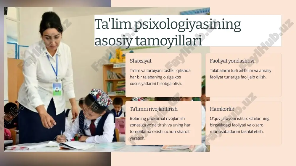 kchilari o'rtasida ma'lumot, g'oyalar va his-tuyg'ularni almashish. hamkorlik umumiy maqsadlarga erishish uchun o'qituvchilar va talabalarning birgalikdagi faoliyati. etakchilik nufuzli guruh a'zolarining boshqalarning xulq-atvori va akademik ko'rsatkichlariga ta'siri. guruh dinamikasi talabalar jamoasida sodir bo'ladigan va ularning rivojlanishiga ta'sir qiladigan jarayonlar. 6 pedagogik jarayonda his-tuyg'ular hissiy ishtirok o'rganish va tarbiyalashga yordam beradigan ijobiy hissiy fonni yaratish. tuyg'ularni tartibga solish talabalarni his-tuyg'ularini boshqarishga o'rgatish va salbiy reaktsiyalarning namoyon bo'lishiga yo'l qo'ymaslik. empatiya boshqa odamlarning his-tuyg'ularini tushunish va ularga hamdard bo'lish samarali muloqot qilish uchun muhimdir. 7 ta'lim psixologiyasining xulosasi va rivojlanish istiqbollari ta'lim psixologiyasi faol rivojlanishda davom etmoqda, ta'lim amaliyotini takomillashtirish uchun yangi ufqlarni ochmoqda. yangi tadqiqotlar, texnologiyalar va fanlararo yondashuvlar har bir o'quvchining individualligiga yo'naltirilgan holda o'qitish va tarbiyalashni yanada samarali qiladi. 8 image1.png image2.png image3.png image4.jpeg image5.png image6.jpeg image7.png image8.png image9.png image10.png image11.png image12.png image13.png image14.png image15.png image16.png image17.png image18.png image19.png image20.png
