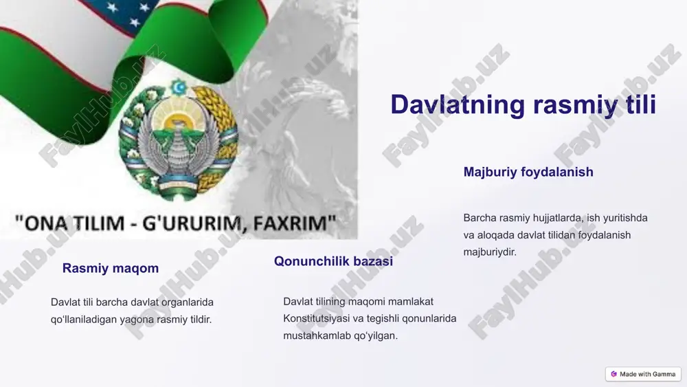 huquq va majburiyatlari vazifa fuqarolar rasmiy holatlarda davlat tilida gaplashishi va undan foydalanishi shart. to'g'ri fuqarolar davlat xizmatlari va axborotlarini davlat tilida olish huquqiga ega. qo'llab-quvvatlash davlat davlat tilini o'rganish va undan foydalanish uchun shart-sharoitlarni ta'minlashga majburdir. 7 davlat tilidan foydalanishni ta'minlash chora-tadbirlari qonunchilikni tartibga solish davlat tilining qo‘llanilishini tartibga soluvchi normativ hujjatlarni ishlab chiqish va qabul qilish. davlat nazorati davlat tili haqidagi qonun hujjatlariga rioya etilishini nazorat qilish va tekshirish. ma'muriy jazo choralari qonunni buzganlik uchun jarima va boshqa jazo choralarini qo'llash. 8 davlat tili haqidagi qonun hujjatlarini buzganlik uchun javobgarlik intizomiy talablarga rioya qilmaganlik uchun mansabdor shaxslar intizomiy javobgarlikka tortilishi mumkin. ma'muriy davlat tili haqidagi qonun hujjatlarini buzganlik uchun fuqarolar va tashkilotlar jarimaga tortilishi mumkin. jinoyatchi ayrim hollarda huquqbuzarlik qasddan sodir etganlik uchun jinoiy javobgarlikka olib kelishi mumkin. 9 davlat tili maqomining ahamiyati davlat tilining maqomi milliy o‘zlikni anglash va davlatchilikning eng muhim elementidir. bu mamlakat birligini, davlat …