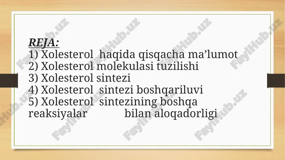 bo’ladi. ular hujayra membranasida uchramasa ham , ko’pgina hujayralarda oz miqdorda uchraydi xolesterol sintezi: barcha to’qimalarda asosan jigar , ichak adrenal kortex ,jinsiy a’zolarda (urug’don, tuxumdon ) ,placentada sintez jarayoni boradi. sintez jarayonlari silliq endoplazmatik to’r va sitoplazmada kechadi. xolesterol sintezi boshqarilishi xolesterol miqdorining ortishi hmg coa reduktaza hosil bo’lishini tormozlaydi, natijada xolesterol prekursori bo’lgan mevalanati hosil bo’lishi kamayadi. hmg coa mevalanat hmg coa reduktaza hmg-coa reduktaza ikki xil shakli mavjud: aktiv (defosfirlangan) noaktiv (fosforillangan) ularning o’zaro bir shakldan ikkinchi siga ayylanishida quyidagi moddalar ta’sir ko’rsatadi. insulin – (aktivlaydi) amf glulagon adrenalin inaktivlaydi sterollar aktiv hmg-coa reduktaza mevolanat sintezida qatnashadi. hmg-coa reduktaza – p (inaktiv) hmg-coa reduktaza (aktiv) defosforillanish fosforillanish insulin amf, glukagon, epinefrin, sterollar dori yordamida boshqarilishi statin guruh dorilari – ator va statin, fluvastatin, lovostatin, pravastatinlar hmg-coa ga struktor analog hisoblanadi hmg-coa reduktorani ingibitirlaydi. bu guruh dorilari giper xolesterol emiada plazma xolesteroli darajasini kamaytirish uchun qo’llaniladi. nojo’ya ta’sirlar …