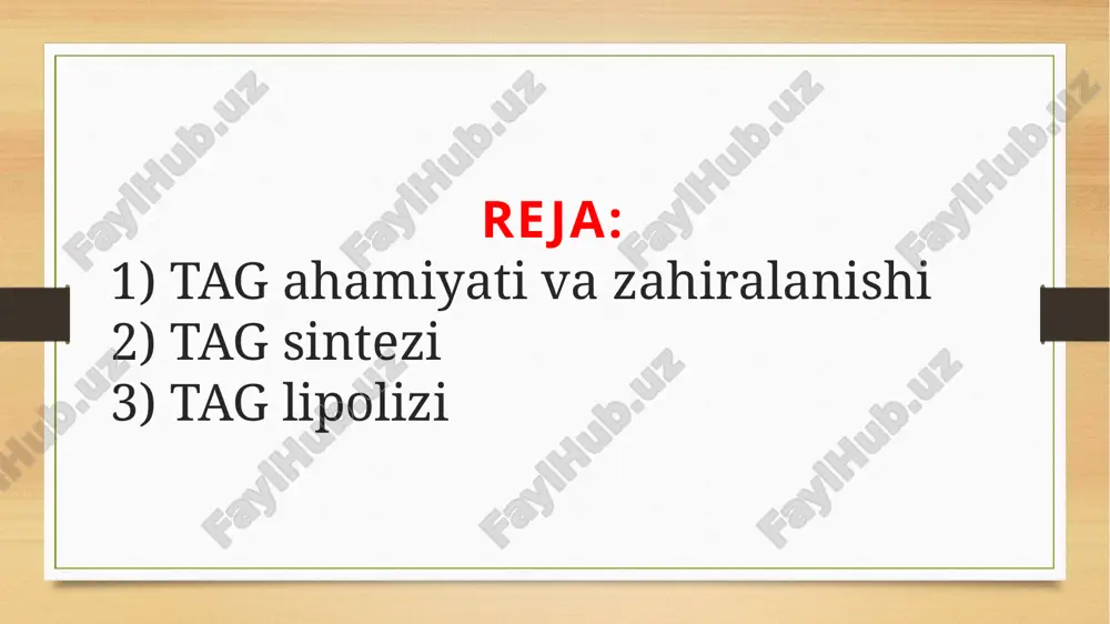 gan digidroatseton fosfatdan olinadi. ferment : glitserol 3- fosfat degidrogenaza glukoza digidro atseton fosfat glitserol 3- fosfat nadh nad+ glikoloz glitserol 3-fosfat degidrogenaza birikishi : ferment : atsiltransferaza 3 t a atsil qism glitserolga biriktiriladi. ichak shilliq qavatida monoatsilglitserol mo-noatsilglitseroltransferaza ta’sirida 1,2 – diatsilglitserolga o’tadi. tag lipolizi : tag yog’ kislota glitserol * yog’ to’qimasida boradi : hosil bo’lgan erkin yog’ kislota plazmaga chiqib albuminga birikadi. albumin bilan bog’langan holda, jigar, yurak, buyrak, muskul, o’pka, urug’don, yog’ to’qimasiga borib oksidlanadi yoki qayta tag sinteziga beriladi hosil bo’lgan glitserol esa glitserol kinaza ta’sirida sarflanadi. jigar buyrak ichak qo’ng’ir laktatsiya davridagi sut bezlarida oq yog’ to’qimalasida glitserol kinaza mavjud emas. glitserol glitserol-3 fosfat digidroksiaseton fosfat 1-atsilglitserol 3-fosfat lizofosfatidat atp adp nad+ nadh+h+ glitserol kinaza glitserol-3 fosfat degidrogenaza atsil coa coa glitserol -3 fosfat degidrogenaza 1,2 diatsilglitserol fosfat (fosfatidat) atsil coa coa atsetiltransferaza 1,2 diatsetilglitserol h2o p fosfatidat fasfogidralaza triastsil glitserol diatsilglitseroltransferaza atsil …