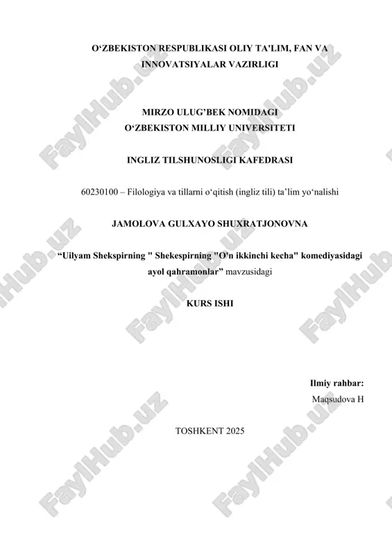 in early modern literature provides valuable insight. shakespeare’s portrayal of strong, clever, and complex female characters, especially in a time when women were not even allowed to perform on stage, makes this topic both historically and culturally significant. the aim of the paper - the main aim of this paper is to examine the representation of female characters in twelfth night, with a particular focus on how they challenge or conform to the traditional gender expectations of the elizabethan era. the paper seeks to highlight the unique characteristics of these women and to analyze their roles and significance within the play’s narrative and themes. the tasks of the paper · to provide an overview of the main female characters in twelfth night. · to analyze the character of viola and her use of disguise. · to explore the roles of olivia and maria and compare their personalities and actions. · …