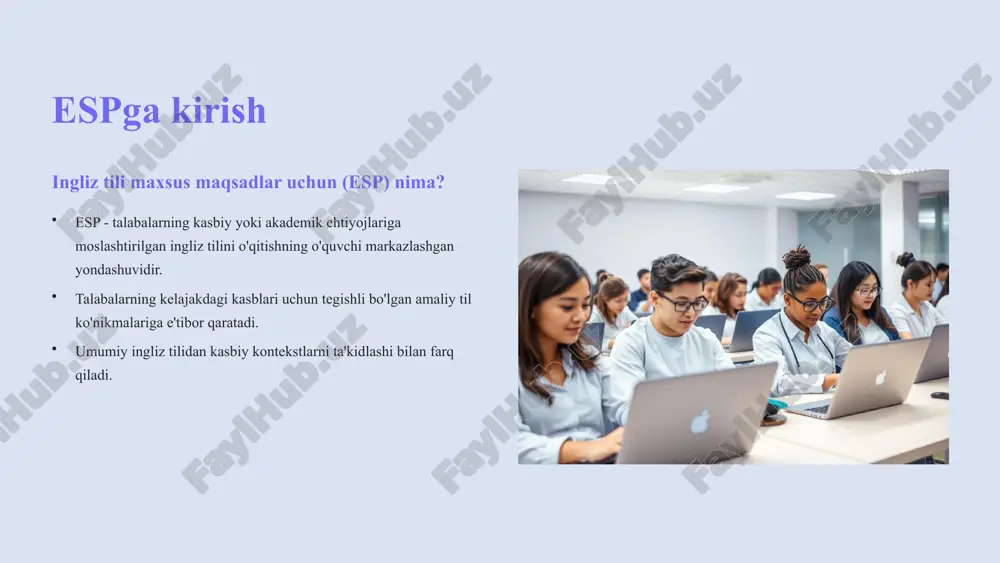 dimotlar), yozish (masalan, hisobotlar), tinglash (masalan, ko'rsatmalar). real vazifalar rollil o'yinlar, keys stadiyalari, ish joyini simulyatsiya qilish. 6 espda o‘qitish usullari kommunikativ til o'qitish muloqotga va amaliy foydalanishga e'tibor. 1 vazifalarga asoslangan o'qitish faoliyatlar ish joyidagi vazifalarni aks ettiradi (masalan, elektron pochta xabarlarini loyihalashtirish). 2 haqiqiy materiallardan foydalanish qo'llanmalar, ish e'lonlari, sanoat videolaridan foydalanish. 3 7 o‘zbekistonda esp o‘quv dasturi 1 milliy o‘quv dasturi milliy o‘quv dasturi islohotlariga moslashtirilgan (masalan, british council tomonidan enspire-u loyihasi). 2 moslashuvchan dasturlar mintaqaviy sanoatlarga moslashtirilgan moslashuvchan o‘quv dasturlari (masalan, farg‘onada to‘qimachilik, samarqandda turizm). 3 cefr standartlari o‘lchanadigan mahorat uchun cefr standartlariga urg‘u beriladi. 8 muammolar va yechimlar muammolar espda o'qituvchilarning cheklangan tayyorgarligi. resurslarning yetishmasligi. talabalarning motivatsiyasi. yechimlar professional rivojlanish dasturlari. raqamli vositalar va ish beruvchilar bilan hamkorlik. tegishli, qiziqarli mazmun. 9 o‘zbekistonda espning kelajagi 1 esp kasb-hunar talabalarini globallashgan iqtisodiyotda muvaffaqiyatga erishishga imkon beradi. 2 o‘quv dasturini loyihalashtirish va o‘qituvchilarni qo‘llab-quvvatlashda doimiy takomillashtirish zarur. …