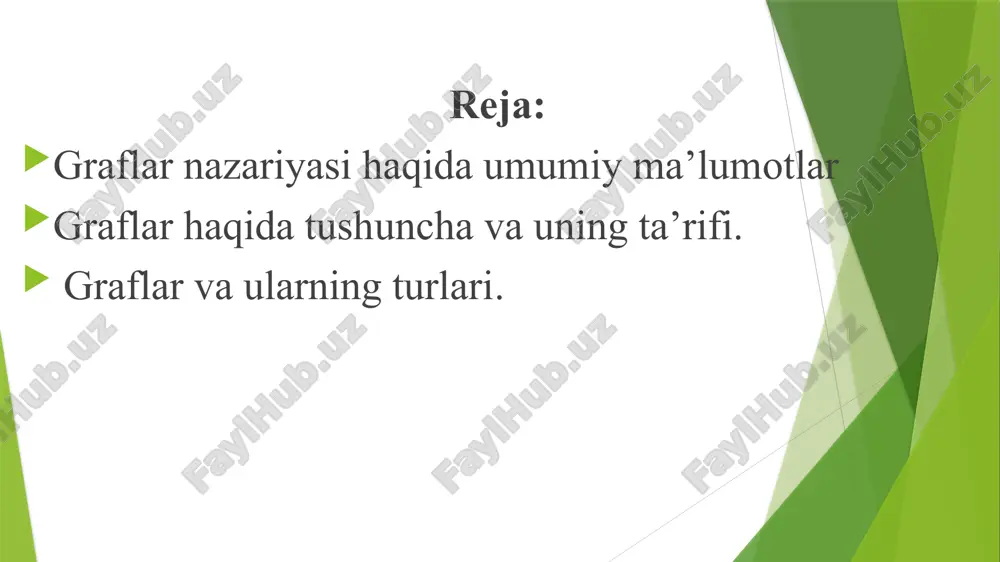 faoliyatining turli sohalarida qo‘llaniladi. ulardan ba’zilari quyidagilardir: boshqotirmalami hal qilish; qiziqarli o‘yinlar; yo‘llar, elektr zanjirlari, integral sxemalari va boshqarish sistemalarini loyihalashtirish; avtomatlar, bloksxemalar va komp’yuter uchun programmalarni tadqiq qilish va hokazo. david surovski. advansed high-school mathematics. 2011. 425 p.(109-117 p.p.) graf va uning turlari deﬁnition: a graph g consists of two ﬁnite sets: a nonemptyset v(g) of vertices and a set e(g) of edges, where eache dge is associated with a set consisting of either one or two verticescalled its endpoints. the correspondence from edges to endpoints is called the edge-endpoint function. an edge with just one endpoint iscalled a loop, and two or more distincte dges with the same set of endpoints are said to be parallel. an edge issaid to connect its endpoints; two vertices that are connected by an edge are called adjacent; and a vertex that is an endpoint of a loop issaid to be adjacent …