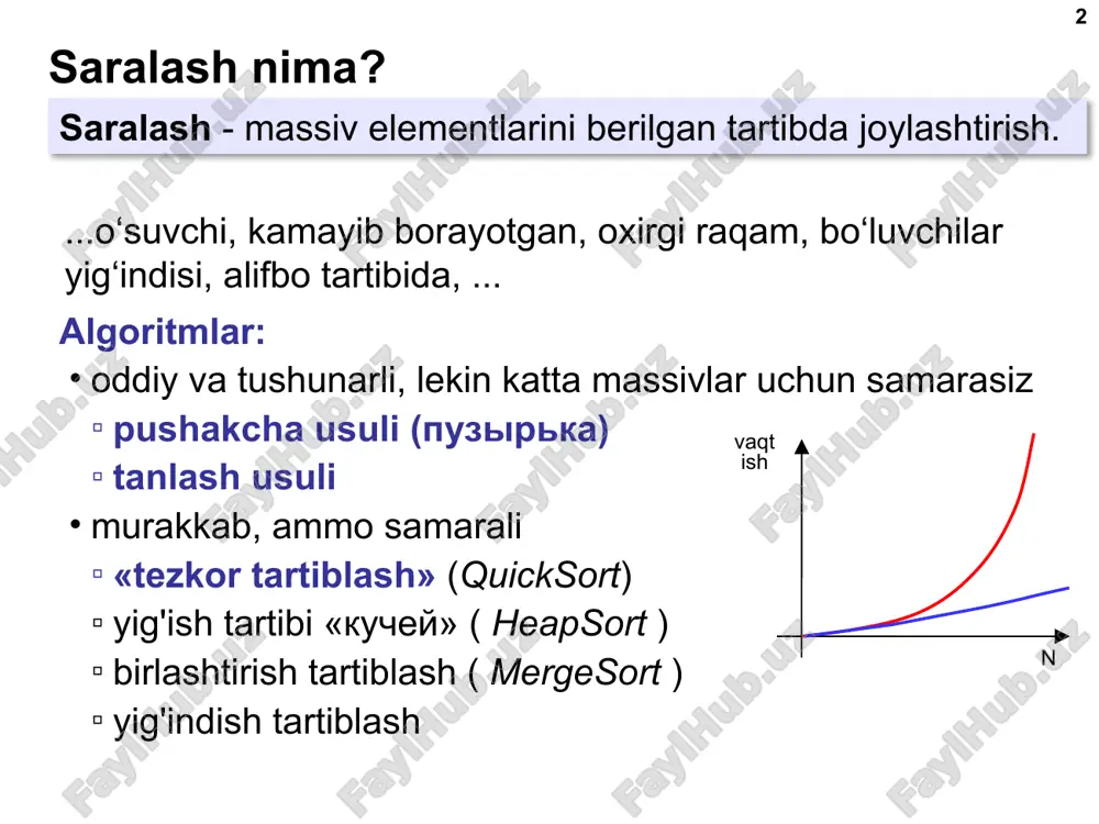 .ru tez tartiblash ( tezkor saralash ) 18 b1: x bx: = x import random def qsort ( a ): if len(a) x ] return qsort(b1) + bx + qsort(b2) nima yomon ? ? rekursiya qayerda ? ? asort = qsort(a ) xotira iste'moli! algoritmizatsiya i programmirovanie, yazik python, 10 klass  k.yu. polyakov, e.a. eryomin, 2018 http://kpolyakov.spb.ru saralash algoritmlarini solishtirish 19 n pufak usuli tanlash usuli birlashtirish tartibi tez tartiblash 1000 0,08 s 0,05 s 0,006 s 0,002 s 5000 1,8 s 1,3 s 0,033 s 0,006 s 15000 17,3 s 11,2 s 0,108 s 0,019 s algoritmizatsiya i programmirovanie, yazik python, 10 klass  k.yu. polyakov, e.a. eryomin, 2018 http://kpolyakov.spb.ru tezkor saralash “joyida" 20 2-qadam : elementlarni shunday tartibga soling: saralashda elementlar o'z "maydonini" tark etmaydi! 1-qadam : x gabir nechta elementlar berish a[ i ] = x 3-qadam : natijada olingan ikkita maydonni ham tartiblang razdelyay i …