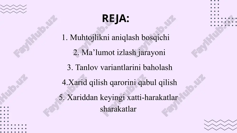 , izlanish kuchliroq bo‘ladi. risk darajasi yuqori bo‘lsa (sog‘liqqa yoki pulga ta’siri katta bo‘lsa), iste’molchi ko‘proq o‘rganadi. oldingi tajriba kam bo‘lsa, izlanish ko‘proq bo‘ladi. iste’molchi quyidagi turlardagi ma’lumotlarni izlaydi: funktsional ma’lumot – mahsulotning qanday ishlashi, foydalari. narx va sifat bo‘yicha ma’lumot – arzonroq va yaxshiroq variantlarni taqqoslash. ijtimoiy fikr – boshqa odamlarning sharhlari, baholari (ijtimoiy tarmoqlar, forumlar). tanlov variantlarini baholash bu bosqichda iste’molchi o‘z ehtiyojiga mos keladigan mahsulot yoki xizmatlar orasidan eng yaxshisini tanlash uchun ularni taqqoslaydi va baholaydi baholash mezonlari iste’molchilar turli mezonlarga qarab tanlov qiladi, masalan: narxi – byudjetga mos keladimi? sifati – uzoq xizmat qiladimi, ishonchlimi? brendi – taniqli va ishonchli kompaniya mahsulotimi? qo‘shimcha funksiyalar – raqobatchilarga qaraganda afzalliklari bormi subyektiv va obyektiv baholash obyektiv baholash – raqamlar, texnik ko‘rsatkichlar, solishtirish jadvallari asosida amalga oshiriladi. subyektiv baholash – shaxsiy his-tuyg‘u, do‘stlar maslahatlari yoki brendga bo‘lgan ishonch asosida bo‘ladi. xarid qilish qarorini qabul qilish xarid qilish qarorini qabul …