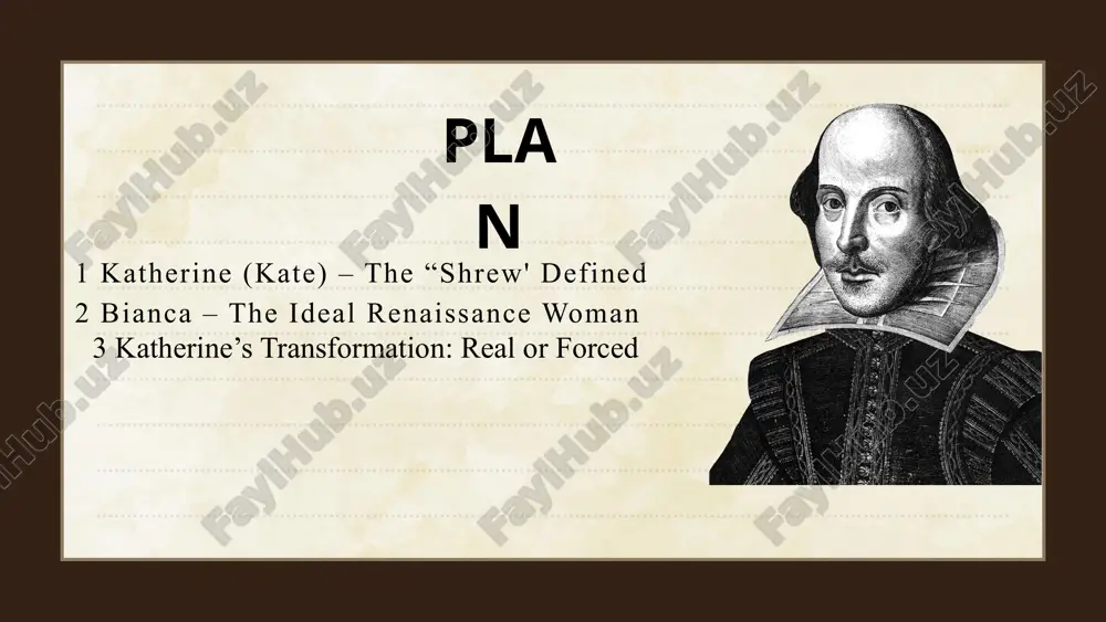 h that suits her own desires rather than her father’s authority. katherine’s transformation: real or forced in elizabethan society, women were largely defined by their roles within the family structure, and their societal worth was often tied to their obedience, chastity, and ability to marry well. women were expected to fulfill duties as daughters, wives, and mothers, all while adhering to strict social norms and maintaining their modesty and virtue. conclusion in the taming of the shrew, william shakespeare provides a profound examination of gender, power dynamics, and societal expectations within the institution of marriage. the play features two distinctly different female characters: katherine, the 'shrew', and bianca, the idealized obedient woman. through their contrasting characters, shakespeare engages with the complexities of femininity in a patriarchal society, where women’s roles are often defined by submission to male authority, while their desires and independence are frequently suppressed. the used of literature …