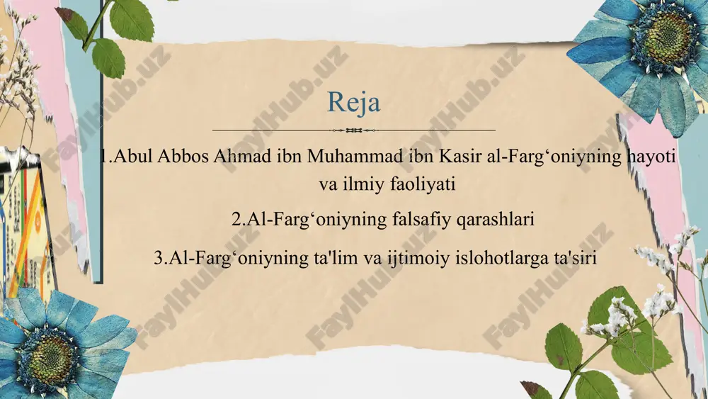 lagan. "samoviy harakatlar va yulduzlar ilmi asoslari" asarida ptolemey tizimini soddalashtirib tushuntirgan. nil daryosida suv darajasini o‘lchovchi "nilometre" qurilishida muhandislik ishlarini bajargan. uning asarlari lotin tiliga tarjima qilinib, yevropadagi kopernik, regiomontanus kabi olimlarga ta’sir ko‘rsatgan. al-farg‘oniy asarlari lotin tiliga tarjima qilinib, yevropada keng tarqalgan. u "alfragani" nomi bilan tanilgan. uning astronomiyaga oid ishlari kopernik, dante va boshqa o‘rta asr yevropa olimlariga katta ta’sir ko‘rsatgan. al-farg‘oniy yer shar shaklida ekanini ilmiy asoslab bergan va bu g‘oya yevropa ilmiy fikrining rivojlanishiga yordam bergan. al-farg‘oniy falsafiy tafakkurida ilm va dinning uyg‘unligi muhim o‘rin tutgan. u ilmiy izlanishlar orqali allohning yaratgan tartibini tushunishga intilgan. farg‘oniyning fikricha, tabiat hodisalari va kosmik jarayonlar o‘zaro muvozanatli va ilohiy tartibga asoslanadi. u astronomiya va matematikadagi izlanishlari orqali ilmiy haqiqatlarni ko‘rishga harakat qilgan va bu haqiqatlarni diniy qarashlar bilan uyg‘unlashtirgan. al-farg‘oniyning falsafiy qarashlari al-farg‘oniy, ayniqsa, kosmik tartibni ta'riflayotganda, tabaqalar tizimi (koinotdagi barcha jismlar o‘rtasidagi bog‘lanish) haqida fikr bildirdi. u …
