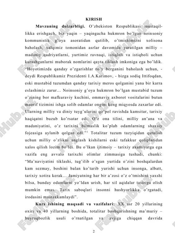 n xalos qilish lozim bo’ldi. bu o’lkan ijtimoiy – tarixiy axamiyatga ega vazifa eng avvalo tarixchi olimlar zimmasiga tushadi, chunki: “ma’naviyatini tiklashi, tug’ilib o’sgan yurtida o’zini boshqalardan kam sezmay, boshini balan ko’tarib yurishi uchun insonga, albatt, tarixiy xotira kerak… jamiyatning har bir a’zosi o’z o’tmishini yaxshi bilsa, bunday odamlarni yo’ldan urish, har xil aqidalar tasiriga olish mumkin emas. tarix saboqlari insonni hushyorlikka o’rgatadi, irodasini mustaxkamlaydi”. kurs ishining maqsadi va vazifalari: xx asr 20 yillarining oxiri va 40 yillarning boshida, totalitar boshqarishning ma’muriy – buyruqbozlik usuli o’rnatilgan va avjiga chiqqan davrida o’zbekistonda madaniyatning rivojlanish jarayonlarini o’rganish ilmiy ishimning maqsadidir. ushbu maqsadga qo’yidagi vazifalarni: o’zbekistonda umumiy ta’lim tizimarining shakllanishini va ularning ma’muriy-buyruqbozlik boshqarishi sharoitidagi ahvolini; · oliy, o’rta maxsus va kasb ta’limining madaniyatning rivojlanishiga ta’sir etish jarayonlarini; · maktabdan tashqari ta’limning aholi savodsizligini va chalasavodlikni tugatishdagi o’rnini; · ilm, fanning mustabid tuzum tazyiqiga qaramay kishilarning dunyoqarashini rivojlantirishdagi va xalq xo’jaligi muammolarini hal …