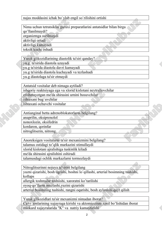 uvchilar ishtaxani bug`uvchilar ishtaxani ochuvchi vositalar antianginal betta adrenoblokatorlarni belgilang? anaprilin, oksiprenolol nonoxlozin, oksifedrin kordaron, qorinfar nitroglitserin, nitrong anoreksigen vositalarni ta'sir mexanizmini belgilang? talamus ostidagi to’qlik markazini stimullaydi xlorid kislotani ajralishiga tuskinlik kiladi me'da shirasini ajralishini oshiradi talamusdagi ochlik markazlarni tormozlaydi nitroglitserinni nojuya ta'sirini belgilang yuzni qizarishi, bosh ogrishi, boshni lo`qillashi, arterial bosimning tushishi, kollaps allergik toshmalar toshiishi, xaroratni ko’tarilishi oyoq-qo’llarni muzlashi,yuzini qizarishi arterial bosimning tushishi, rangni oqarishi, bosh ay​lanishi,qayt qilish yurak glikozidlari ta'sir mexanizmi nimadan iborat? ca++ ionlarining xujayraga kirishi va aktomiozinni xosil bo’lishidan iborat miokard xujayralarida "k" va natriy kamaytirishi ferment tropinning aktivligini orttirishdan iborat barcha ionini xujayralardan tashkariga chiqishidan iborat tsimetidin ta'sir mexanizmini belgilang? h2-gistaminga sezgir retseptorlarni bloklaydi, me'da sekretsiyasini kamaytiradi antifermen preparat kislotalikni kamaytirib, neytrallaydi me'da sekretsiyasini oshiradi m.n.s.ga ta'sir etuvchi gipotenziv preparatlarga nima​lar kiradi? klofelin, metildofa, no-shpa, dibazol pirilen, benzogeksoni oktadin, anaprilin osmotik aktiv diuretiklarning ta'sir mexanizmini aniqlang? buyrak kanalchalarida osmotik bosimni oshirib, natriy ionini …