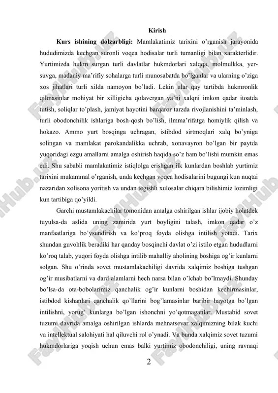hlar ijobiy holatdek tuyulsa-da aslida uning zamirida yurt boyligini talash, imkon qadar o’z manfaatlariga bo’ysundirish va ko’proq foyda olishga intilish yotadi. tarix shundan guvohlik beradiki har qanday bosqinchi davlat o’zi istilo etgan hududlarni ko’roq talab, yuqori foyda olishga intilib mahalliy aholining boshiga og’ir kunlarni solgan. shu o’rinda sovet mustamlakachiligi davrida xalqimiz boshiga tushgan og’ir musibatlarni va dard alamlarni hech narsa bilan o’lchab bo’lmaydi. shunday bo’lsa-da ota-bobolarimiz qanchalik og’ir kunlarni boshidan kechirmasinlar, istibdod kishanlari qanchalik qo’llarini bog’lamasinlar baribir hayotga bo’lgan intilishni, yorug’ kunlarga bo’lgan ishonchni yo’qotmaganlar. mustabid sovet tuzumi davrida amalga oshirilgan ishlarda mehnatsevar xalqimizning bilak kuchi va intellektual salohiyati hal qiluvchi rol o’ynadi. va bunda xalqimiz sovet tuzumi hukmdorlariga yoqish uchun emas balki yurtimiz obodonchiligi, uning ravnaqi hamda yorug’ kunlar uchun mehnat qildilar. xx asrning 20-30 yillarida o’zbekistonda amalga oshirilgan yer-suv islohatlari davomida yo’l qo’yilgan kamchiliklar, bedodliklar, zulm va azob uqubatlarga qaramasdan xalqimiz fidokorona mehnat qildilar va o’zining mislsiz matonat …