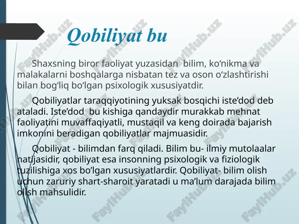 ashtirishda namoyon etishidir. 3. perseptiv qobiliyat qisqa daqiqalarda auditoriya holatini idrok qila olish fazilati ya’ni tashqi olamni va muhitni sezish, idrok etish ya’ni kuzatishda muhim ahamiyatga ega. o’qituvchi o’quvchining psixologiyasini va psixik holatini o’ziga singdirib idrok etadi. 4. kommunikativ , nutqiy qobiliyat ixcham, ma'noli, ohangdor, muayyan ritm chastotaga ega bo‘lgan nutq, nutqning jarangdorligi, uning pauza, mantiqiy urg‘uga rioya qilishi o’qituvchining pedagogik jamoa va ota- onalar bilan o’zaro muloqotga kirishishida muhim bo’lib, bunda o’qituvchi muomala madaniyatini muntazam o’zida singdirib shakllantirib borishi lozim. 5. tashkilotchilik qobiliyati sinf guruhi yoki kursni uyushtirish va uni boshqarish iste'dodi ya’ni sinf o’quvchilarining o’qituvchi tomonidan turli jamoat ishlariga va to’garaklarga jalb qila olishida namoyon bo’ladi. 6. psixologik tashxis (diagnoz) qobiliyati insonning kelajagini oqilona tasavvur qilish bashorati tarbiyalanuvchilar- da qanday fazilatlar- ni taraqqiy ettirish lozimligini oldindan aytib bera olishidir. 7. diqqatni taqsimlash qobiliyati (bir necha ob'ektlarga bir vaqtning o‘zida ongini qarata olish); o’qituvchida diqqat- ning barcha xusu- siyatlari: …