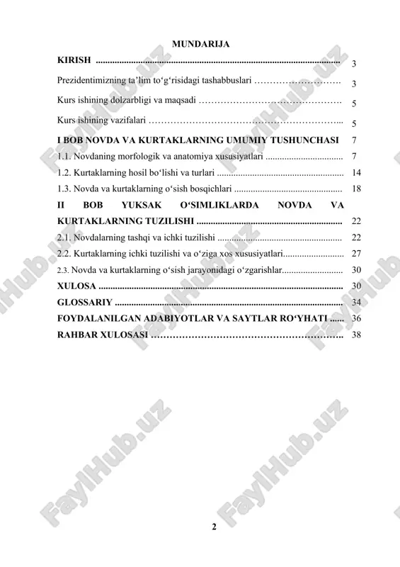 ....... 34 foydalanilgan adabiyotlar va saytlar roʻyhati ...... 36 rahbar xulosasi …………………………………………………….. 38 kirish oʻzbekiston respublikasi prezidenti shavkat mirziyoyev tomonidan ekologiya, biologiya va botanika sohalarini rivojlantirishga alohida eʼtibor qaratilmoqda. xususan, tabiatni muhofaza qilish, yashil hududlarni kengaytirish va biologik xilma-xillikni saqlashga qaratilgan qator muhim hujjatlar qabul qilingan. 2021-yil 30-dekabrda qabul qilingan pf-46-son farmon asosida "yashil makon" umummilliy loyihasi boshlangan boʻlib, ushbu loyiha doirasida mamlakatimiz boʻylab har yili 200 milliondan ortiq daraxt va buta koʻchatlari ekilmoqda. bu esa nafaqat ekologik barqarorlikni taʼminlash, balki botanik manbalarni boyitish, oʻsimlik dunyosining rivojiga ham xizmat qilmoqda. shuningdek, 2020-yilda qabul qilingan piq-4805-son qaror orqali kimyo va biologiya fanlari uchun uzluksiz taʼlim sifatini oshirish va ilmiy-tadqiqotlarni rivojlantirish chora-tadbirlari belgilandi. oʻz navbatida, botanika sohasidagi ilmiy izlanishlarga ham yangi imkoniyatlar yaratdi. bundan tashqari, piq-4899-son qaror orqali biotexnologiyalarni rivojlantirish va biologik xavfsizlikni taʼminlash masalalari ham alohida eʼtiborga olinib, zamonaviy usullarda oʻsimlik turlarini saqlash va koʻpaytirish ishlari yoʻlga qoʻyildi. ushbu islohotlar natijasida …