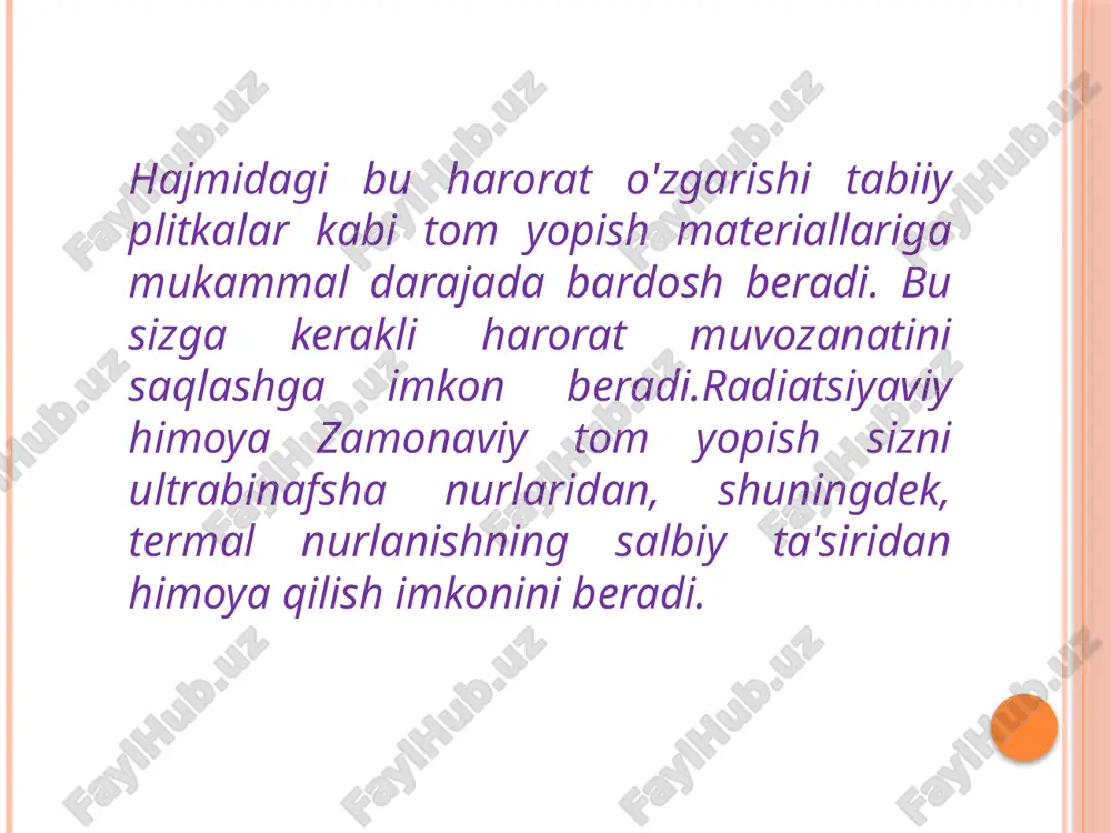 li oynala(steklopaket)o'rnatiladi. ramka ishonchlilik va uzoq xizmat muddatini ta'minlaydi, katta shamol yukiga bardosh beradi va atrof-muhit ta'sirida qulab tushmaydi. texnik xususiyatlari agar shisha cherepitsalarning texnik xususiyatlari haqida gapiradigan bo'lsak, quyidagilarni ajratib ko'rsatishimiz mumkin: xizmat muddati 40 yil; do'l ham, shamol ham, kuchli yomg'ir ham unga xavfli emas, chunki u qattiq shishadan yasalgan; og'irligi an'anaviy keramik cherepitsalarga o'xshaydi; keramik cherepitsalar bilan yaxshi mos keladi, tom yuzasining bir xilligini ta'minlaydi. keramik tom yopish materiali cherepitsalar bir necha ming yillar davomida tom yopish uchun ishlatilgan juda qadimiy tom yopish materialidir. hozirgi vaqtda cherepitsali tomlar nafaqat modadan tashqariga chiqmaydi, balki juda obro'li hisoblanadi. bu keramik cherepitsalarning boshqa tom yopish materiallariga nisbatan bir qator afzalliklari bilan bog'liq. afzalliklari: tom yopish materialining tuzilishidagi mikroporlar tufayli tom erkin nafas oladi. yuqori dekorativ jozibadorlik. bundan tashqari, turli xil shakllarni ta'kidlash kerak, jumladan: oddiy keramika, tekis lenta, to’lqinli lenta, to’lqinli shtamplangan ,bir va ikki to'lqinli, yivli va boshqalar. harorat …