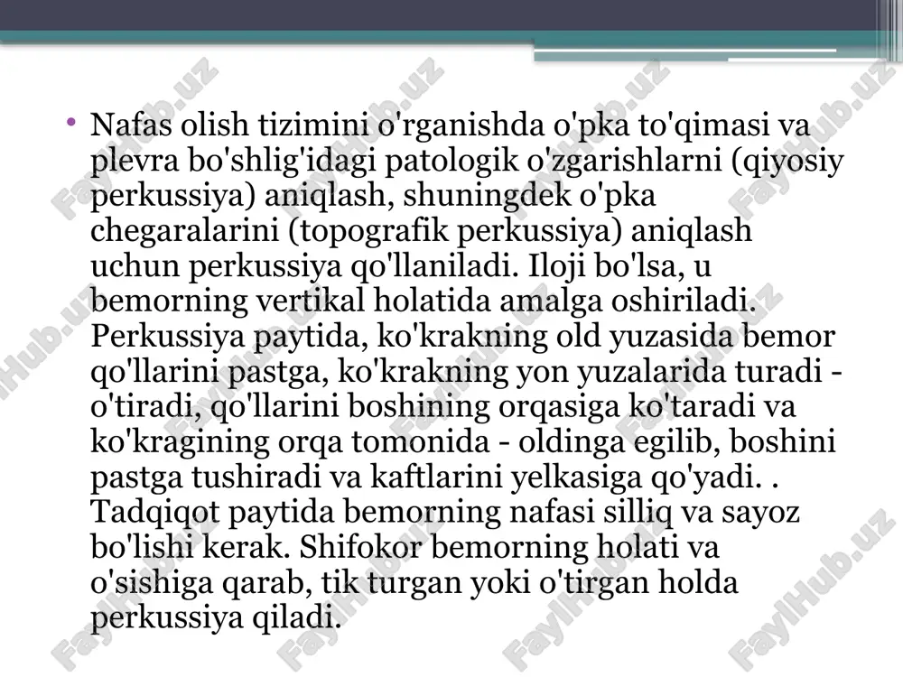 (a), lateral (b) va orqa (c) yuzalarida o'pka qiyosiy perkussiyasi sxemasi o'pkaning topografik perkussiyasiularning pastki chegarasini ketma-ket belgilash, pastki o'pka chetining harakatchanligi, tik balandlik va apislarning kengligini o'z ichiga oladi. belgilangan har bir parametrni aniqlash birinchi navbatda, keyin boshqa tomondan amalga oshiriladi. barcha holatlarda, barmoq pessimetri o'pkaning belgilangan chegarasiga parallel ravishda joylashtirilgan va barmoqning o'rta phalanxi unga perpendikulyar yo'nalishda perkussiya o'tkaziladigan chiziqda yotishi kerak. jim-zarbli urishlardan foydalanib, ular o'pkaning aniq tovush doirasidan o'pkaning chegarasiga to'g'ri keladigan to'mtoq (yoki to'mtoq) tovushga o'tish nuqtasigacha uriladi. barmoq chegarani topish va uning koordinatalarini aniqlash uchun pessimetr bilan o'rnatiladi. shu bilan birga, barmoq pessimetrining chekkalari, aniq pulmoner tovushli hududga qaragan holda, organ chegarasidan tashqariga chiqariladi. o'lchovlarni amalga oshirish kerak bo'lganda, buning uchun barmoqlarning phalangesning oldindan ma'lum uzunligi yoki kengligini ishlatish qulay. o'ng o'pkaning pastki chegarasini oldingi aksillar (a) va skapulyar (b) chiziqlari bo'yicha perkussiya paytida barmoq pessimetrining boshlang'ich holati va uning harakat yo'nalish patologiyada perkussiya …