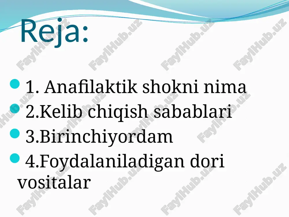 ut boglanadi, 0.1% - 0.3 – 0.5 ml adrenalin teri ostiga yuboriladi. birinchi yordam. birinchi yordam agar dori vena ichiga yuborilgan bulsa, ignani chikarmasdan 0.1% - 0.3 – 0.5 ml adrenalin yuboriladi. glyukokortikosteroidlardan prednizolon 60–90 mg eki deksametazon 8-12 mg v/i eki m/o yuboriladi. kon bosimini kutarish maksadida mezaton 1%-1 ml kilsa buladi. agar yurak etishmovchiligi kuzatilsa yurak glikozidlari strofantin 0.05% - 0.5 ml eki korglyukon 0.06% - 0.5 ml kilinadi. bronxospazm namoen bulganda kushimcha eufilin 2.4% - 5 ml v/i extietkorlik bilan akb nazorat kilgan xolda yuboriladi. agar adrenalin kiritilishi natijasiz bo'lsa, gemodinamikani stabilizatsiya qilish va tsirkulyatsiya bo'layotgan qon hajmini tiklash uchun poliglyukin tomchilatib yuboriladi; – bronxospazmni yo'qotish uchun 5–10 ml 2,4 % eufilin yuboriladi – shu bilan birgalikda antigistamin (dimedrol, suprastin, pipolfen) preparatlar yuboriladi; – vena ichiga kortikosteroidlar (prednizolon, gidrokortizon) yuboriladi. image2.jpeg image3.jpeg image4.jpeg image5.jpeg image6.jpeg image7.png image8.jpeg