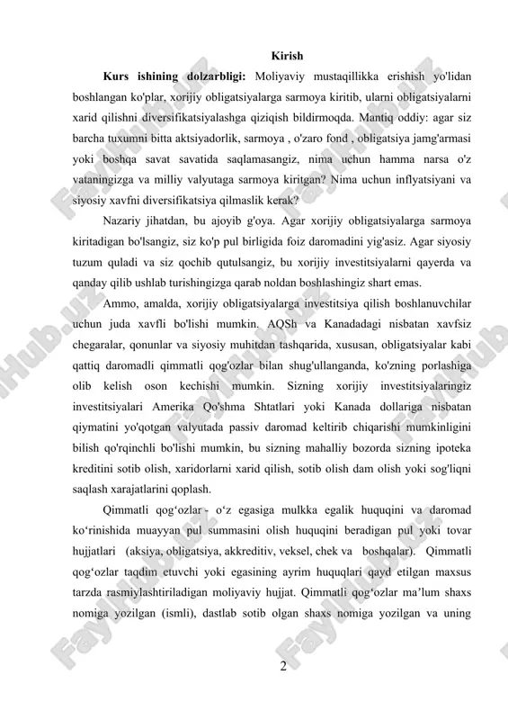 bo'lishi mumkin, bu sizning mahalliy bozorda sizning ipoteka kreditini sotib olish, xaridorlarni xarid qilish, sotib olish dam olish yoki sog'liqni saqlash xarajatlarini qoplash. qimmatli qogʻozlar - oʻz egasiga mulkka egalik huquqini va daromad koʻrinishida muayyan pul summasini olish huquqini beradigan pul yoki tovar hujjatlari (aksiya, obligatsiya, akkreditiv, veksel, chek va boshqalar). qimmatli qogʻozlar taqdim etuvchi yoki egasining ayrim huquqlari qayd etilgan maxsus tarzda rasmiylashtiriladigan moliyaviy hujjat. qimmatli qogʻozlar maʼlum shaxs nomiga yozilgan (ismli), dastlab sotib olgan shaxs nomiga yozilgan va uning roziligi bilan boshqa shaxsga oʻtkaziladigan orderli va egasi yozilmaydigan (egasi koʻrsatilmaydigan) turlarga boʻlinadi. korxonalarning aksiya, obligatsiyalari va davlat obligatsiyalari qimmatli qogʻozlarning asosiy turlari hisoblanadi. qimmatli qogʻozlar korxona kapitalida qatnashish yoki pulni ssudaga taqdim etish va dividend yoki foiz tarzida daromad olish huquqini beradi. qimmatli qogʻozlar oʻz egasiga daromad keltirgani uchun fond birjasida maʼlum kurs boʻyicha oldi-sotdi qilinadi (qarang fond bozori). hozirgi jahon iqtisodiyotida qimmatli qog‘ozlar bozori moliyaviy barqarorlikni ta'minlash, …