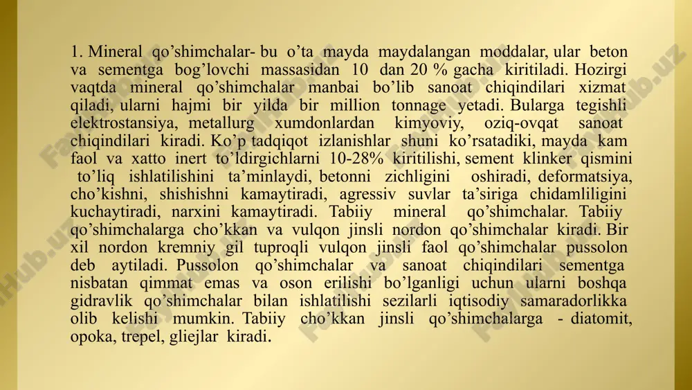 ulqon jinsli tabiiy mineral qo’shimchalarga vulqon kuli, tuf pemza, traslar kiradi. kimyoviy tarkibiga quyidagilar kiradi sio2+alro3(70-90%), cao+mgo(-2-4%), ishqorlar 3.8%. 2. quyma temirbeton konstruksiyalarni ishlab chiqarishda ularning chidamliligini oshirishda va qurilish ishlarini tezlashtirishda ishlatiladi. qo’shilmalar qorishmaning qotishini tezlashtirib sement harajatini kamaytiradi.atrof-muhit harorati 20+_20c bo’lganda sementni qotish jarayonini 25% gacha tezlashtirish mumkin. 3 sementli qorishmalarni qotishini tezlashtiradigan zamonaviy yangi qo’shilmalarning ayrim turlari: kalsiy xloridi – cacl2. suvda eruvchan oq rangli kristall kukun qo’shilma. ochiq havoda uzoq vaqt saqlash tavsiya etilmaydi. kalsiy nitrati – ca(no3)2. kristalli yoki tetragidratli turida chiqariladi. qo’shilma - rangsiz, suvda yaxshi eriydi. potash (kaliy karbonati k2co3). oq rangli kristall kukun turidagi ishqoriy xassasi kuchli tuz qo’shilma. beton qorishmasining qotishi tezllashadi, yirik g’ovakli beton olishda ishlatiladi. reaksiyaga qobiliyatli kremnezemli to’ldirgichlar ishlatilsa, betonning ishqor ta’sirida chidamliligi kamayadi. natriy xloridi - nacl. suvda eriydigan oq rangli kristall kukun qo’shilma. temirbetonda ishlatilganda, armaturaning zanglashi rivojlanadi. 4 trinatriyfosfat - tnf. suyuqlantirilgan va kristall na3po4 …