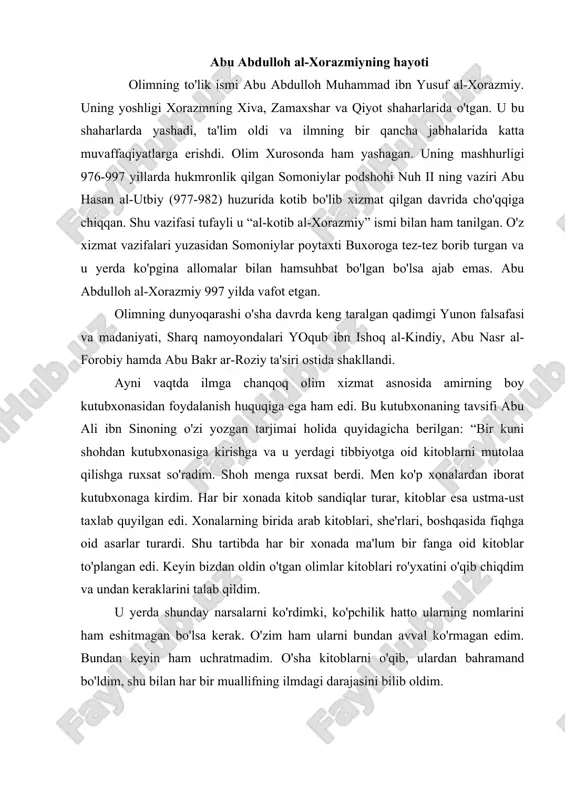 arini ham eshitmagan bo'lsa kerak. o'zim ham ularni bundan avval ko'rmagan edim. bundan keyin ham uchratmadim. o'sha kitoblarni o'qib, ulardan bahramand bo'ldim, shu bilan har bir muallifning ilmdagi darajasini bilib oldim. abu abdulloh al-xorazmiyning ilmiy faoliyati abu abdulloh al-xorazmiyning bizgacha yetib kelgan, ko'pchilik asarlari singari o'z davrining ilmi arab tilida bitilgan, yagona ma'lum bo'lgan asari – “mafotih al-ulum” (“ilmlar kalitlari”) asaridir. “mafotih al-ulum”ning qo'lyozma nusxalari uncha ko'p emas. yaqin-yaqingacha uning to'rt nusxasi bor deb hisoblab kelinadi. ana shu to'rt nusxadan uchtasi buyuk britaniya mo'zeyida hamda berlin qutubxonasida saqlanadi. asrimizning 60-yillarida amriqolik olim bosvart turkiya kutubxonalarida ushbu asarning yana olti nusxasi borligini aniqladi. bu olti nusxaning hammasi istanbul shahridagi kutubxonalarda saqlanadi. abu abdulloh al-xorazmiyning bu asari o'rta asrlarda fanlarning rivojlanish tarixiga molik kamyob manba sifatida davrimizning ko'pgina olimlarning e'tiborini o'ziga jalb etdi. birinchi bo'lib bu manbani o'rgangan va 1160 yildagi qo'lyozma nusxasi asosida uning aniqlangan 1895 yilda kashf qildirgan olim – …