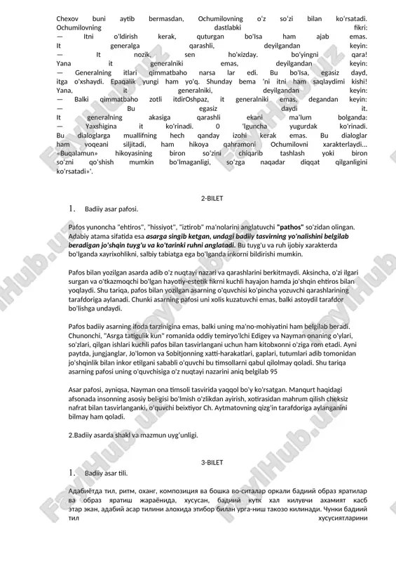 ning barkamol insonlar bo‘lib shakllanishida faol ishtirok etishdir.badiiy adabiyot ana shu jihatlari bilan adabiyotning boshqa turlaridan farqlanadi.badiiy adabiyotga oshno har bir odam tabiat va jamiyat go‘zalliklaridan yanada ko‘proq bahramand bo‘ladi. 2.hikoya va novella masalasi. hikoya janri hikoya (ar. so‘z, ma’nosi: 1. biror narsaning og'zaki bayoni, tafsiloli; 2, nasriy u o'i bilan yozilgan kichikroq badiiy asarj — izzat sultonning asosli ta’kidlashicha, latifa mazmuniga kirgan voqeadan kattaroq, ammo povestga mazmun beruvchi voqeadan kichikroq sarguzashtni, ko‘pincha kishi hayotida bomgan bir epizodni tasvirlaydi. darvoqe, u «... minglab bomaklarga bomingan romandir... kishilik taqdirining poyonsiz poemasidan bir epizod... shunday voqea va hodisani tanlab oladi va o‘zining tor ramkasida ifoda etadi» (v.g.belinskiyj. hikoyanng eng ixcham ko‘rinishi novella (ital. novella — yangilik) deb yuritiladi. «xarakterning muayyan vaziyatdagi holati voqeaning keskin burilish nuqtasida, dinamik syujet, kuchli dramatizm, kutilmagan yechim asosida ko‘rsatish — hikoya (novella) uchun eng xarakterli xususiyatdir» (t.boboyev). abdulla qahhoming «anor», «bemor», «0‘g‘ri» kabi asarlari hikoya janri talablariga …