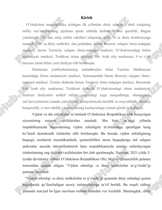 iyulda davlatimiz rahbari o’zbekiston respublikasi oliy majlisi qonunchilik palatasi tomonidan taqdim etilgan “vijdon erkinligi va diniy tashkilotlar to’g’risida”gi qonunni imzoladi. “vijdon erkinligi va diniy tashkilotlar to’g’risida”gi qonunda diniy sohadagi qonun hujjatlarida qo’llaniladigan asosiy tushunchalarga ta’rif berildi. bu orqali oldingi qonunda mavjud bo’lgan mavhum tushunchalardan voz kechildi. shuningdek, diniy tashkilotlarning huquq va majburiyatlari, ularni ta’minlanishining kafolatlari, shu jumladan, yuqori turuvchi organ yoki sudga mansabdor shaxslarning diniy tashkilotlarning huquq va erkinliklarini buzuvchi qonunga xilof harakatlari (harakatsizligi) bo’yicha ular sudga murojaat qilganda, davlat bojini to’lashdan ozod etilishi mustahkamlab qo’yildi. bu esa diniy tashkilot va davlat organlari o’rtasidagi munosabatlar shaffofligiga xizmat qiladi. o’z navbatida, diniy tashkilotlarga nisbatan kuzatilishi mumkin bo’lgan turli noqonuniy xatti-harakatlarning oldini oladi. ilgari diniy tashkilot rahbarligiga nomzod xorijiy davlat fuqarosi bo’lsa, bu shaxsning rahbar bo’lish imkoniyati cheklanardi. ya’ni oldingi qonunning 8-moddasida “diniy tashkilotlar rahbarligiga o’zbekiston respublikasining fuqarosi bo’lmagan shaxslarning nomzodi o’zbekiston respublikasi vazirlar mahkamasi huzuridagi din ishlari bo’yicha qo’mita bilan kelishib …
