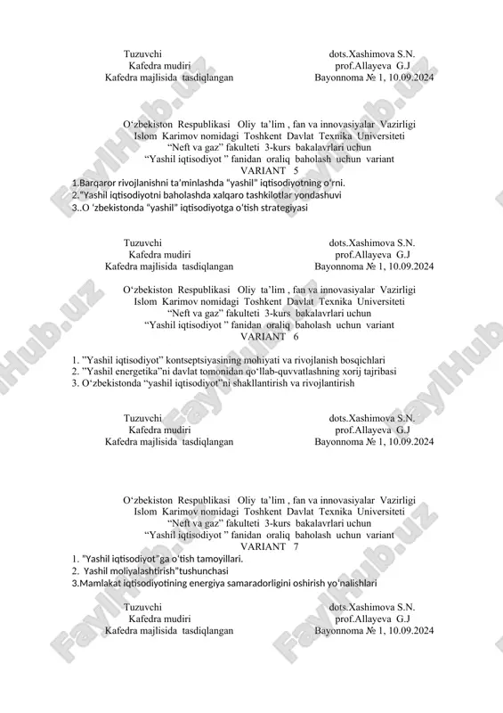 il iqtisodiyot ” fanidan oraliq baholash uchun variant variant 4 . 1.“ ”yashil iqtisodiyot”ga o’tish jarayonini baholashning ihtt yondashuvi 2. yashil energetika”ning rivojlanishiga ta’sir qiluvchi omillar 3. rivojlanayotgan mamlakatlarda "yashil iqtisodiyot"ga o'tish tajribasi tuzuvchi dots.xashimova s.n. kafedra mudiri prof.allayeva g.j kafedra majlisida tasdiqlangan bayonnoma № 1, 10.09.2024 o‘zbekiston respublikasi oliy ta’lim , fan va innovasiyalar vazirligi islom karimov nomidagi toshkent davlat texnika universiteti “neft va gaz” fakulteti 3-kurs bakalavrlari uchun “yashil iqtisodiyot ” fanidan oraliq baholash uchun variant variant 5 1.barqaror rivojlanishni ta’minlashda “yashil” iqtisodiyotning o‘rni. 2.“yashil iqtisodiyotni baholashda xalqaro tashkilotlar yondashuvi 3..o ‘zbekistonda “yashil” iqtisodiyotga o‘tish strategiyasi tuzuvchi dots.xashimova s.n. kafedra mudiri prof.allayeva g.j kafedra majlisida tasdiqlangan bayonnoma № 1, 10.09.2024 o‘zbekiston respublikasi oliy ta’lim , fan va innovasiyalar vazirligi islom karimov nomidagi toshkent davlat texnika universiteti “neft va gaz” fakulteti 3-kurs bakalavrlari uchun “yashil iqtisodiyot ” fanidan oraliq baholash uchun variant variant 6 1. ”yashil iqtisodiyot” kontseptsiyasining mohiyati …